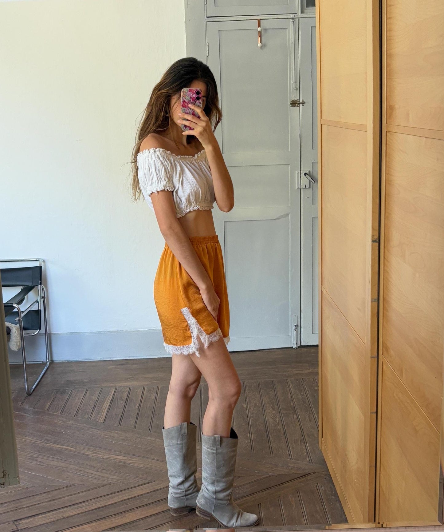 Sexy short orange and white lace mini Skirt, Lightweight summer skirt with elastic waistline