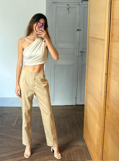 Beige Vintage High-Waisted Wool Trousers — back view