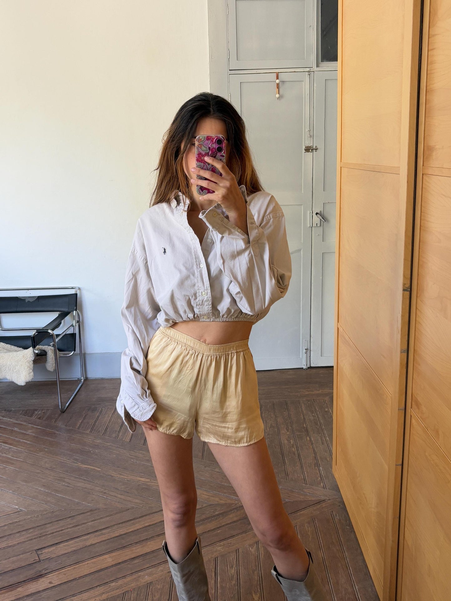 Vintage Reworked Ralph Lauren Button Down Shirt | Vintage High End Luxury Designer, Large natural neutral cropped woman shirt