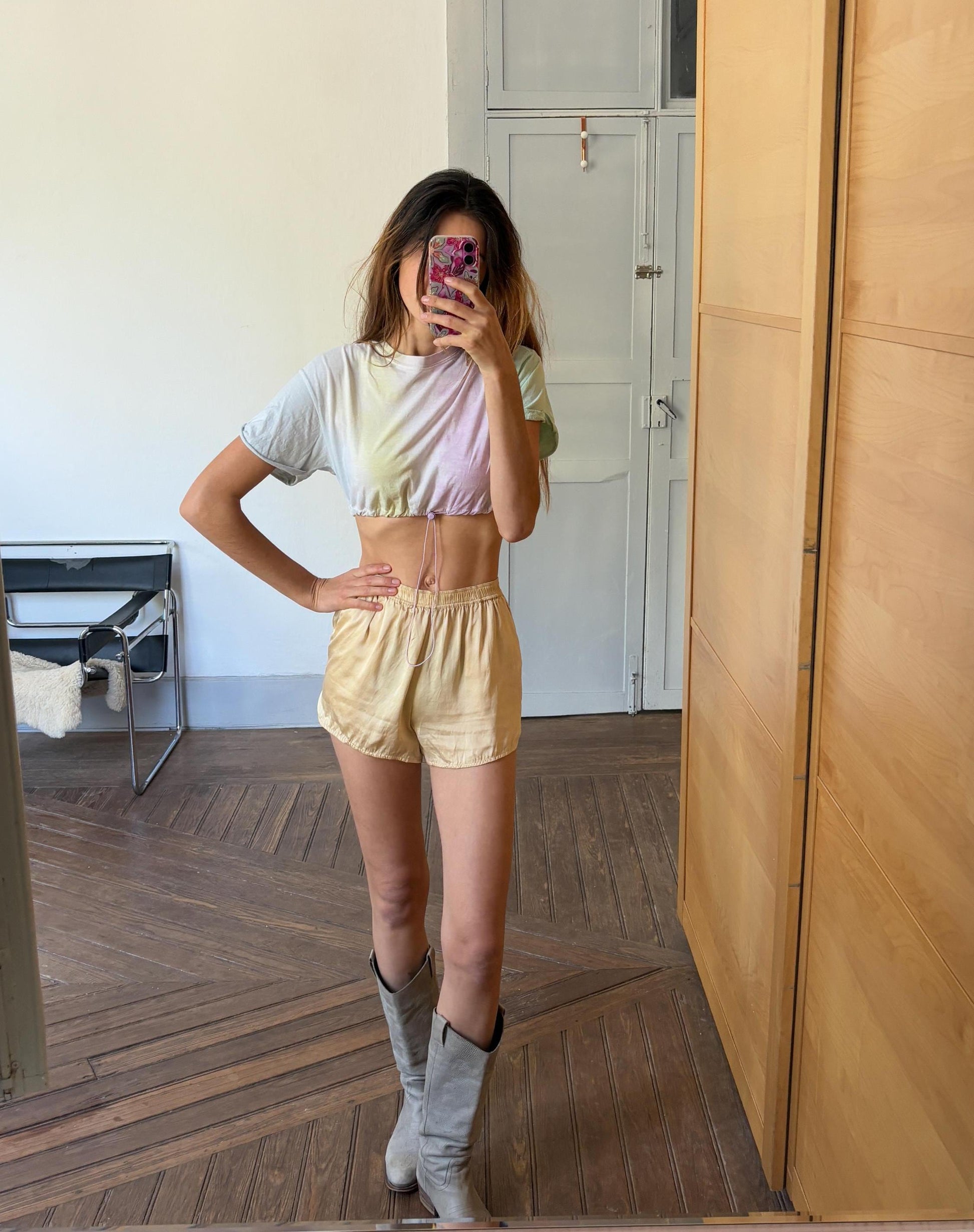 Vintage Pastel Tie-Dye Cropped T-Shirt with Drawstring Hem – Size S