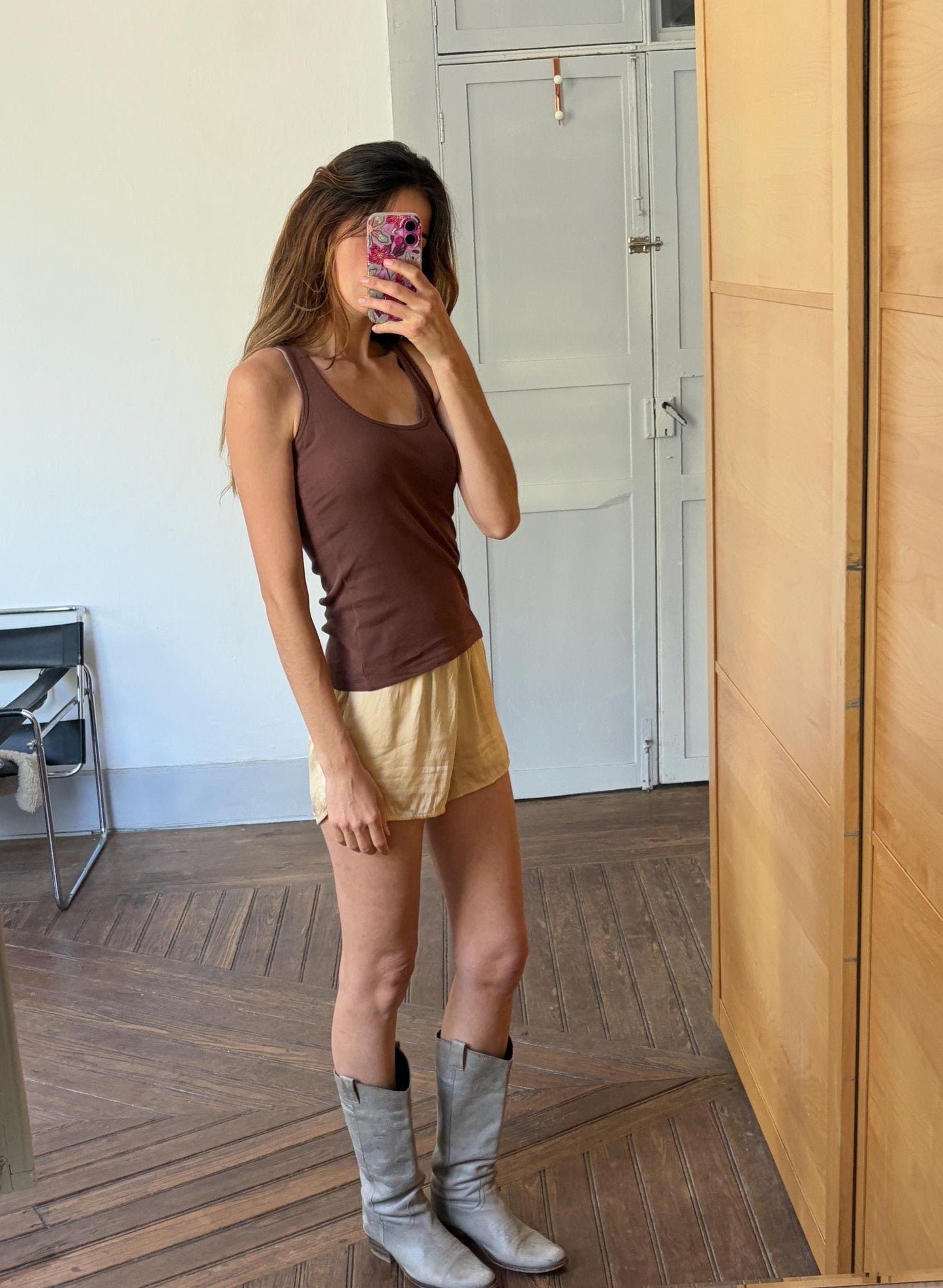 Minimalist Vintage Brown Tank Top | Soft Neutral Ribbed Camisole | Size XS-S