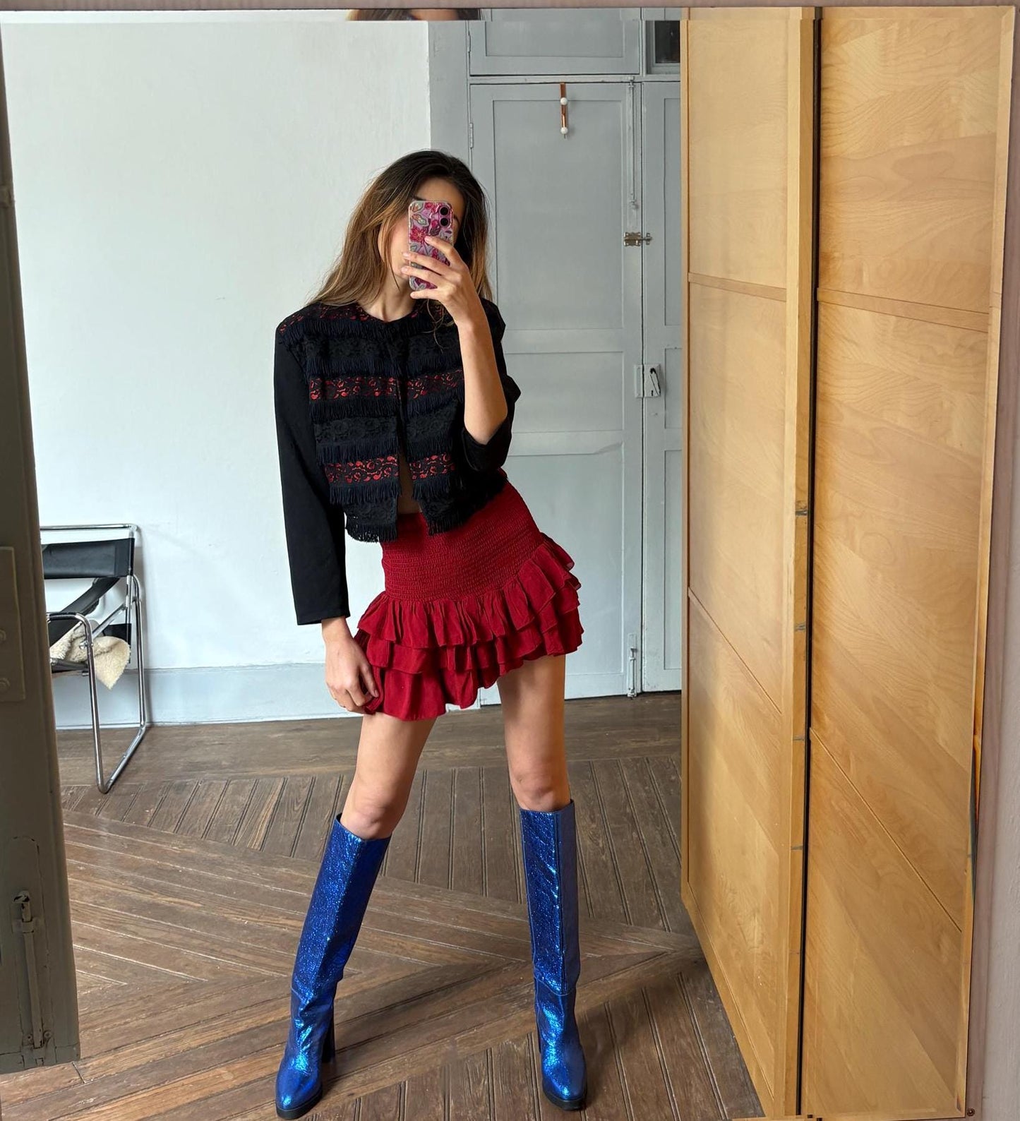 Vintage BENTLEY made in France black and red Jacket - Chic Gothic 70s Style Cropped Coat with lace and fringe detailing, Size M