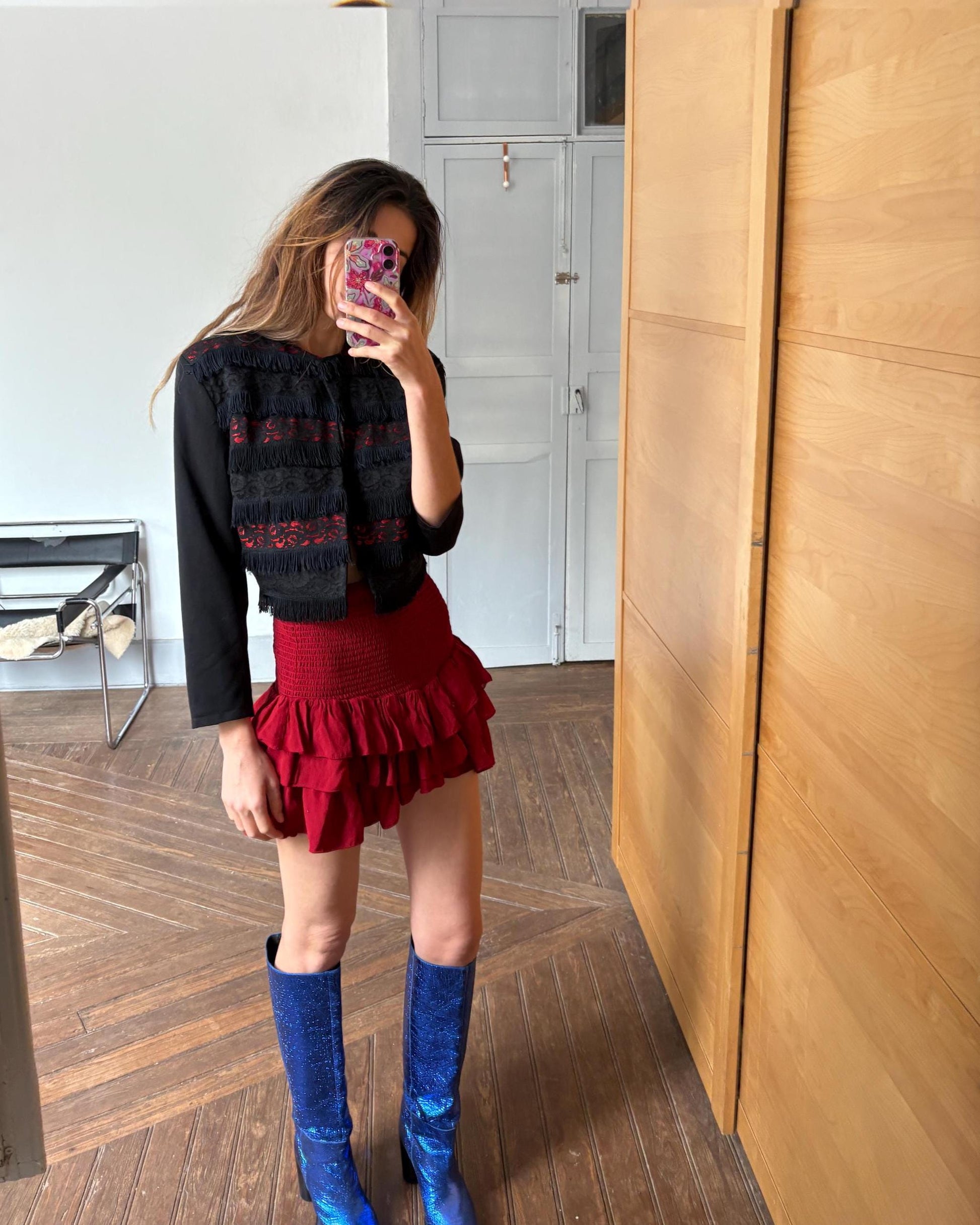 Vintage BENTLEY made in France black and red Jacket - Chic Gothic 70s Style Cropped Coat with lace and fringe detailing, Size M