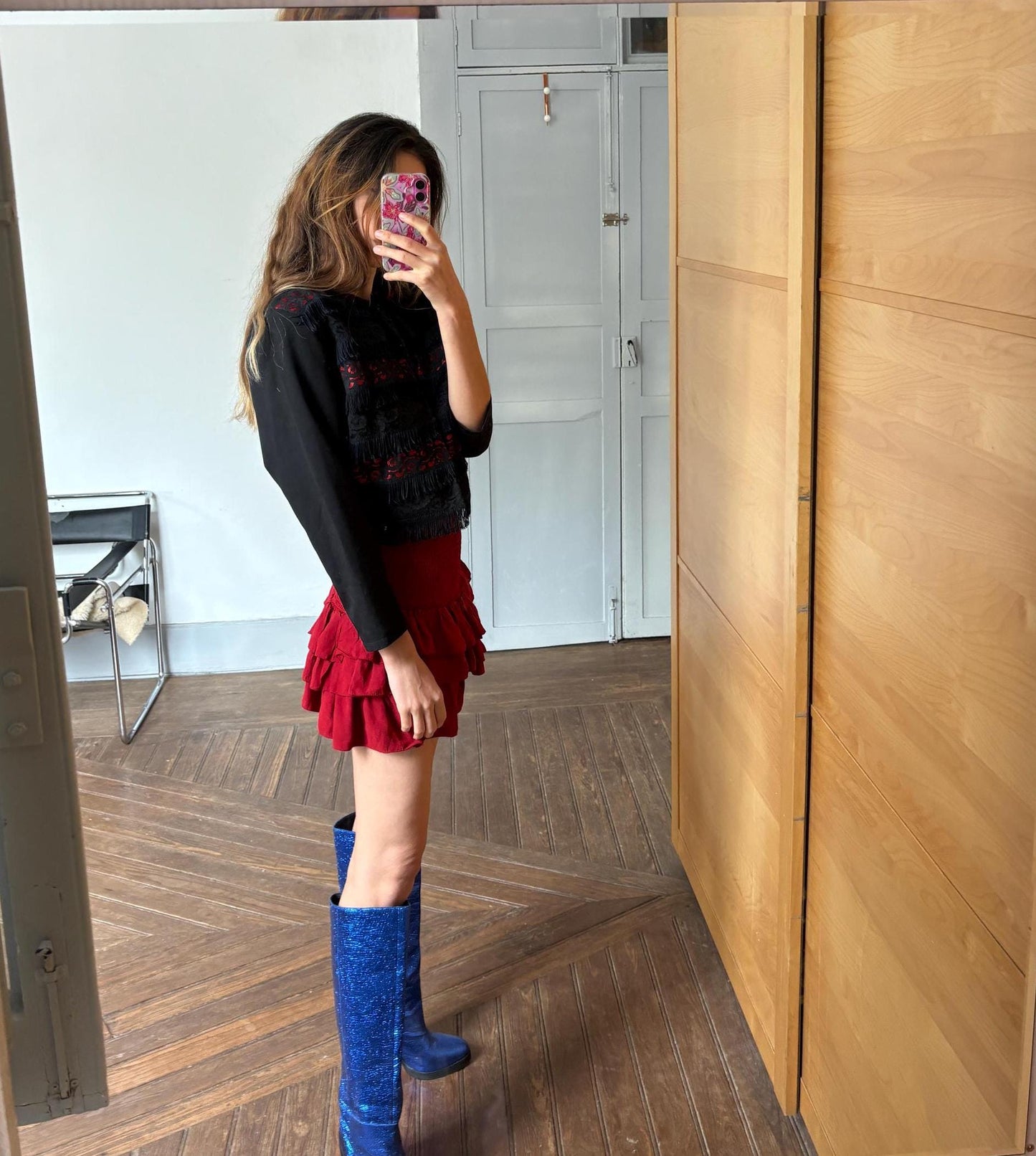 Vintage BENTLEY made in France black and red Jacket - Chic Gothic 70s Style Cropped Coat with lace and fringe detailing, Size M