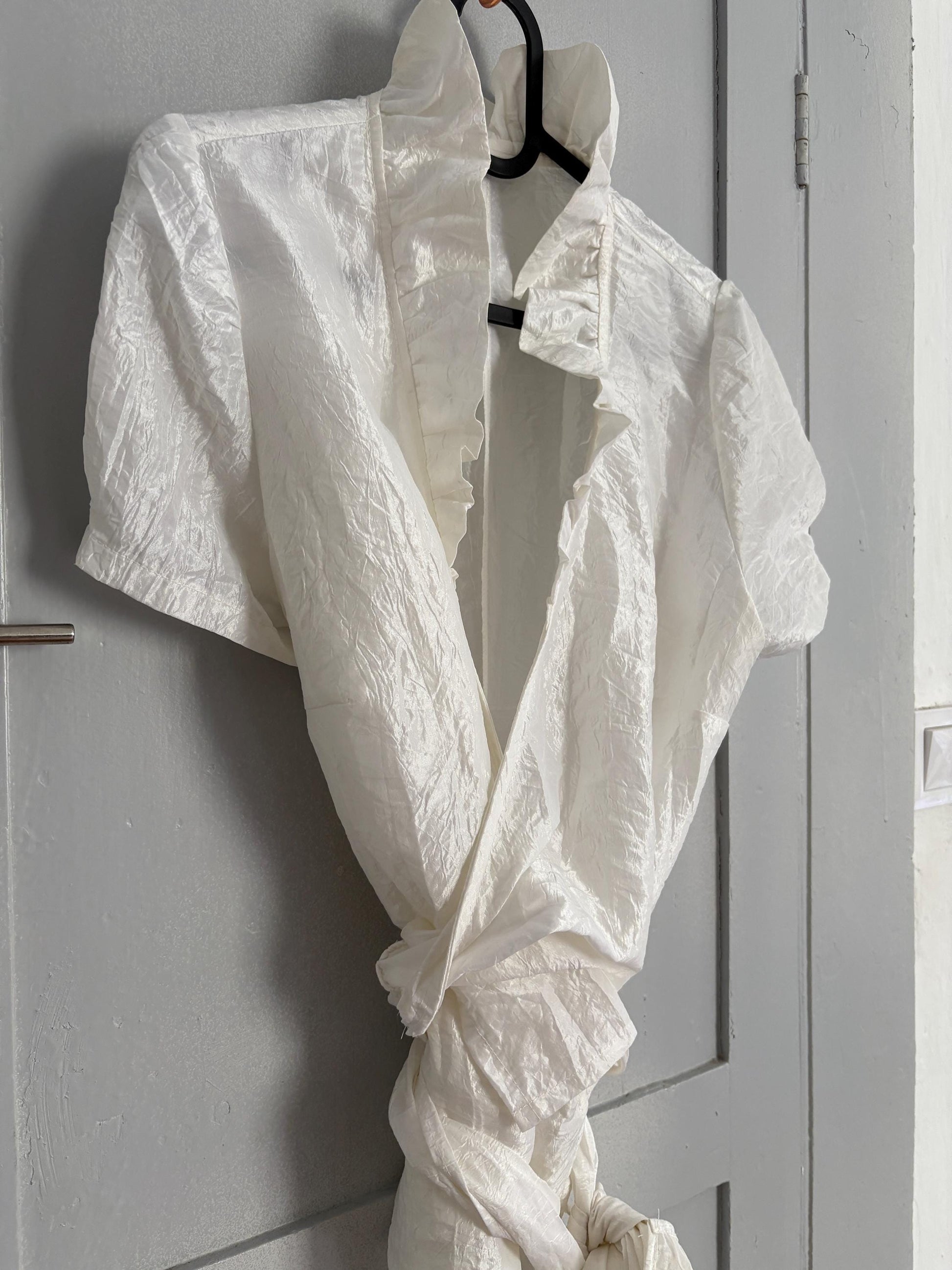 Romantic high ruffle neck woman blouse, Feminine white vintage French design top, S