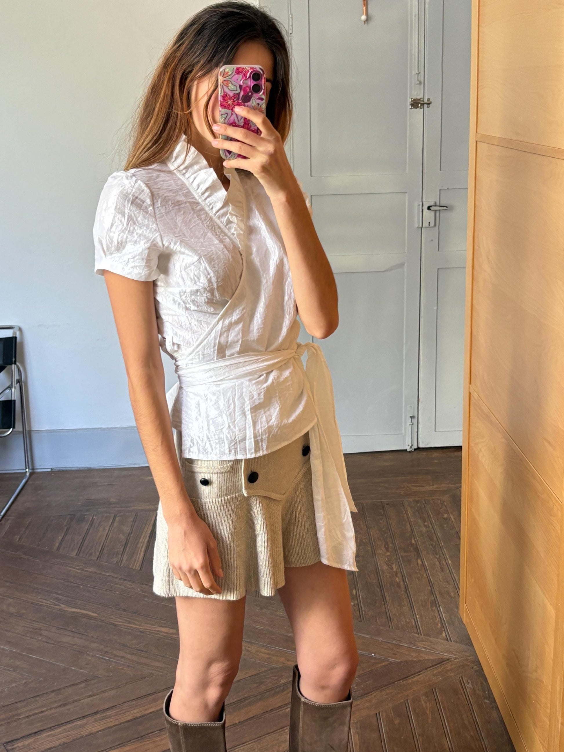 Romantic high ruffle neck woman blouse, Feminine white vintage French design top, S