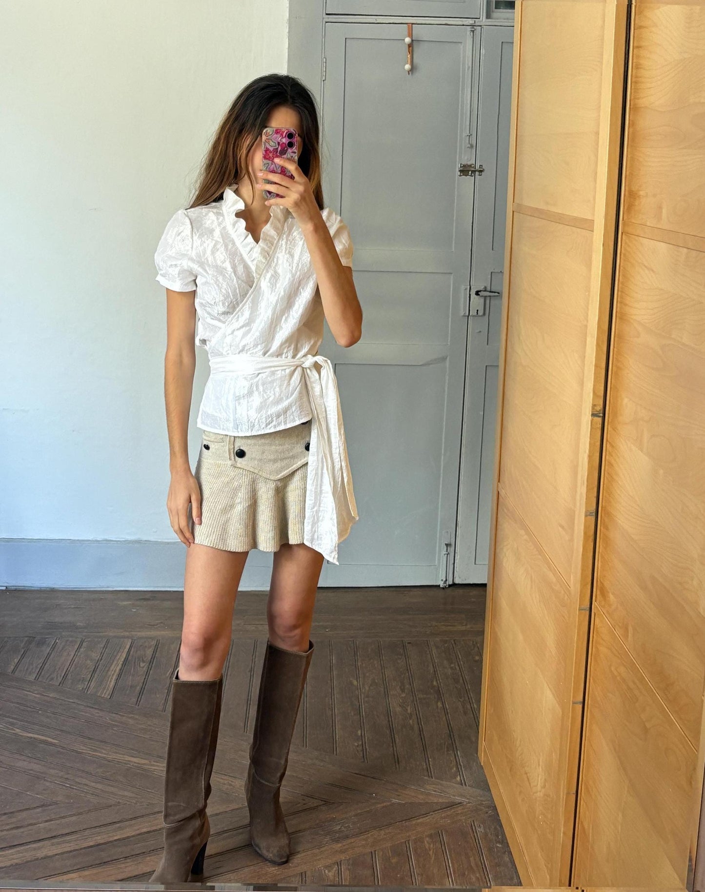 Romantic high ruffle neck woman blouse, Feminine white vintage French design top, S