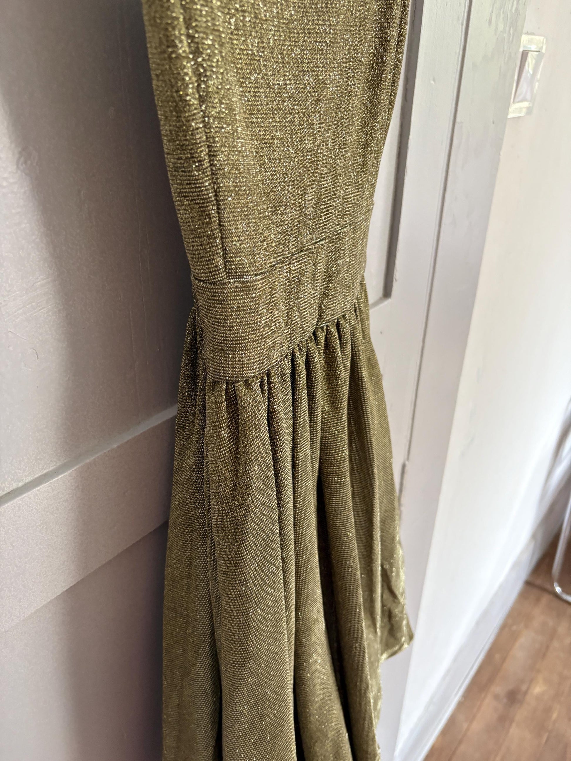 Vintage Gold Glitter Party Dress | Y2K Metallic Bubble Hem Mini | Size M