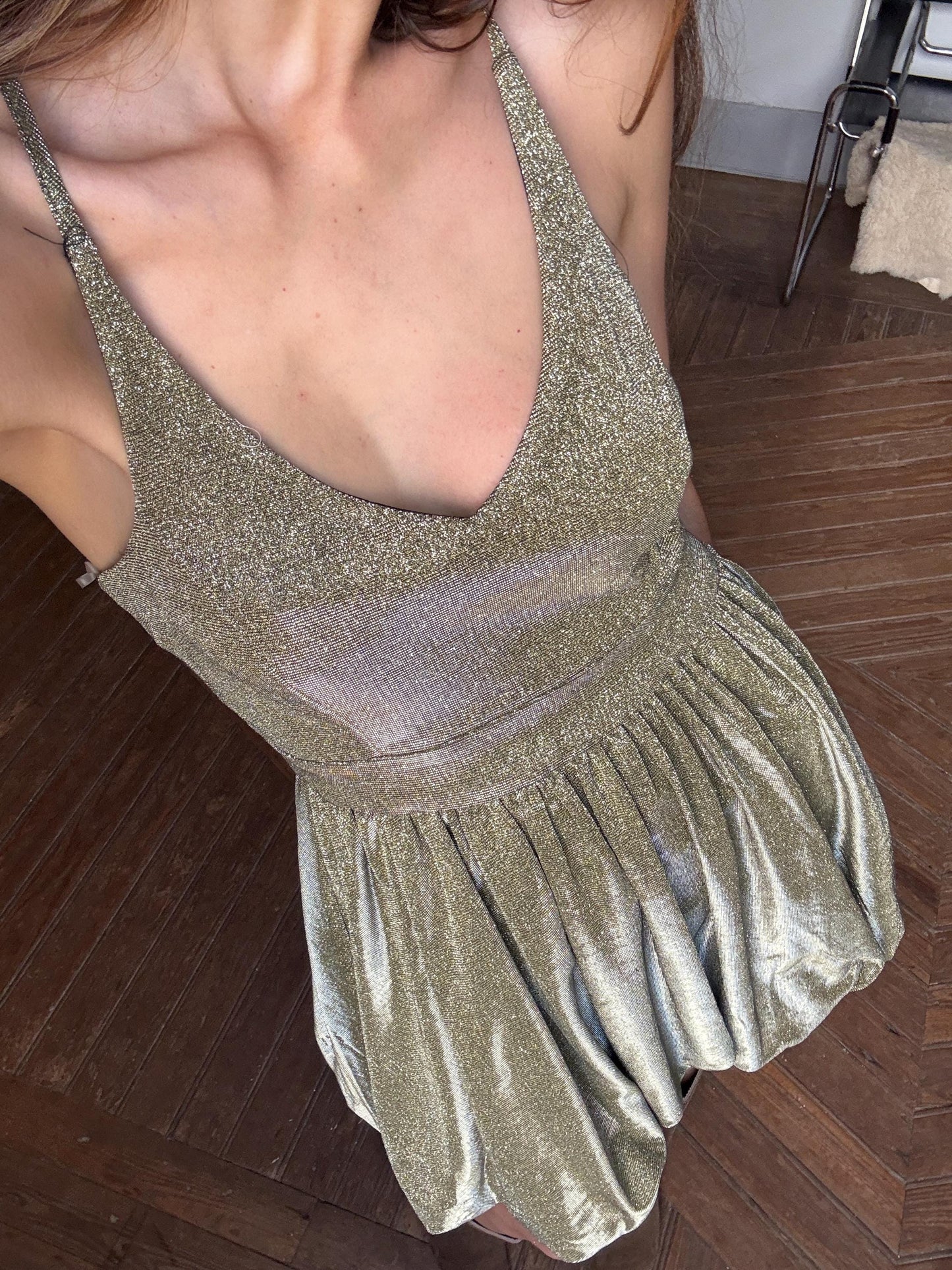 Vintage Gold Glitter Party Dress | Y2K Metallic Bubble Hem Mini | Size M