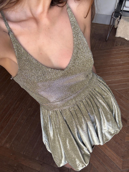 Vintage Gold Glitter Party Dress | Y2K Metallic Bubble Hem Mini | Size M