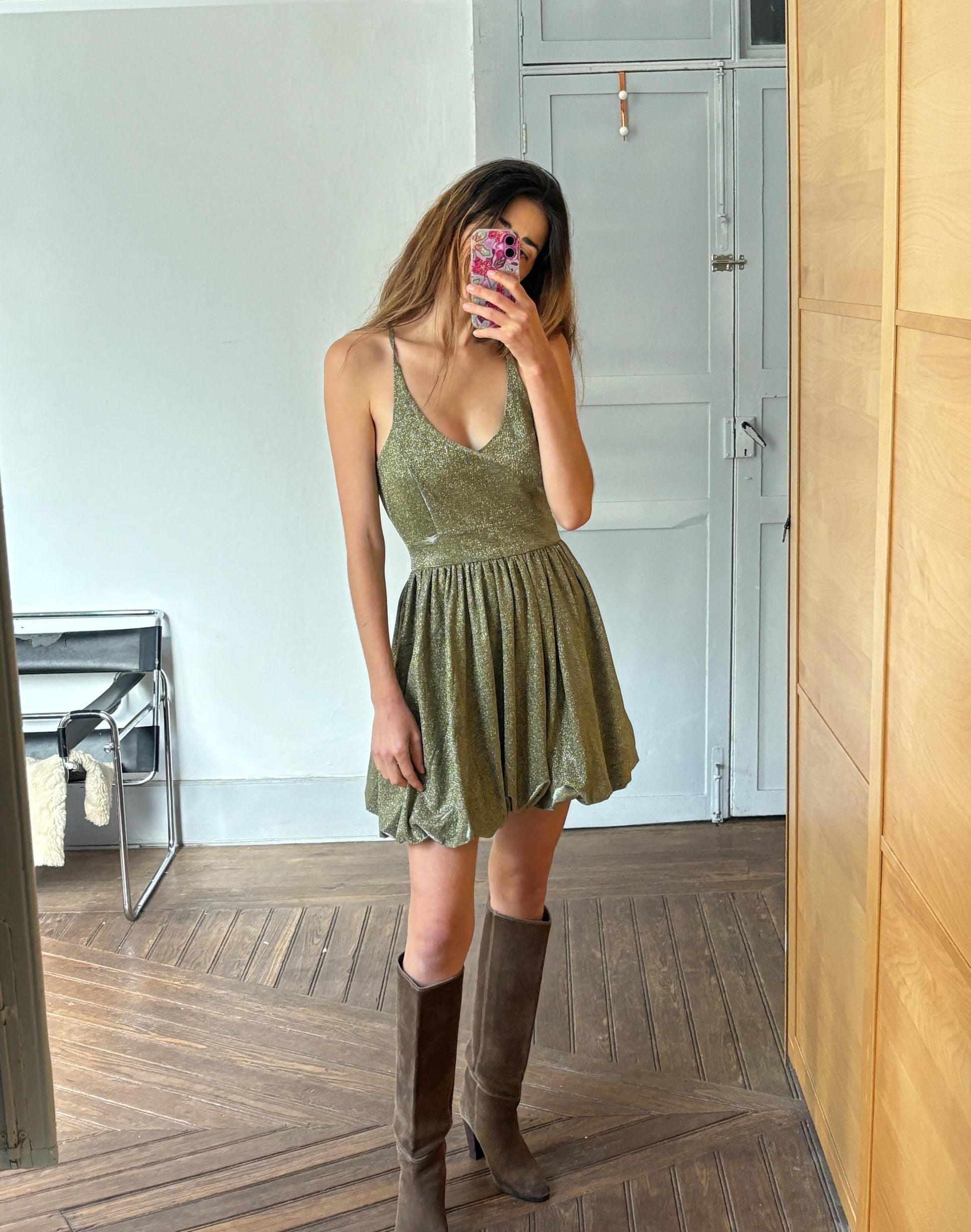 Vintage Gold Glitter Party Dress | Y2K Metallic Bubble Hem Mini | Size M