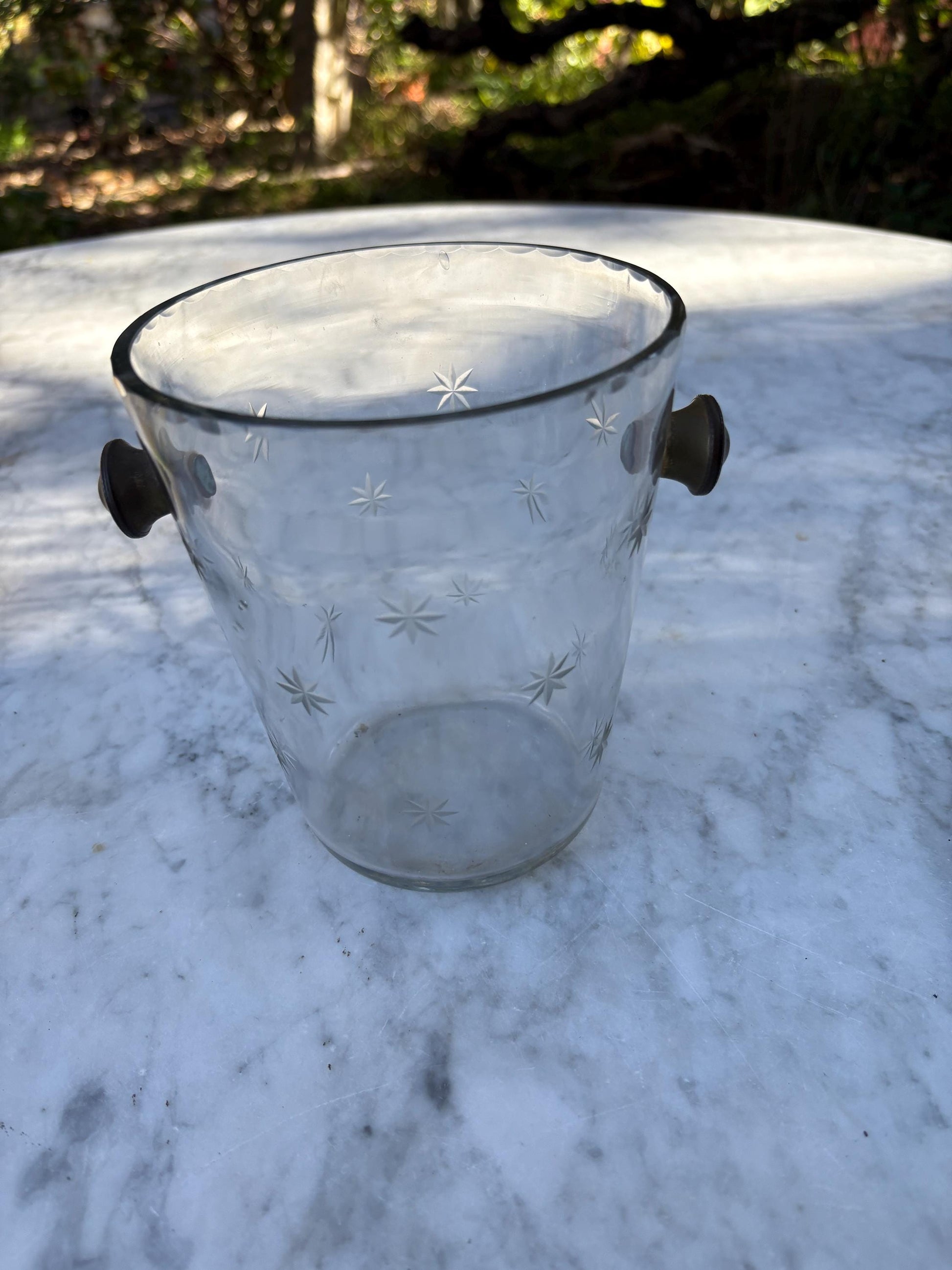 Vintage Glass Ice Bucket with Star Engraving, Mid Century Cocktail Ice Holder, Faceted Crystal Ice Pail with Side Handles, Barware Decor