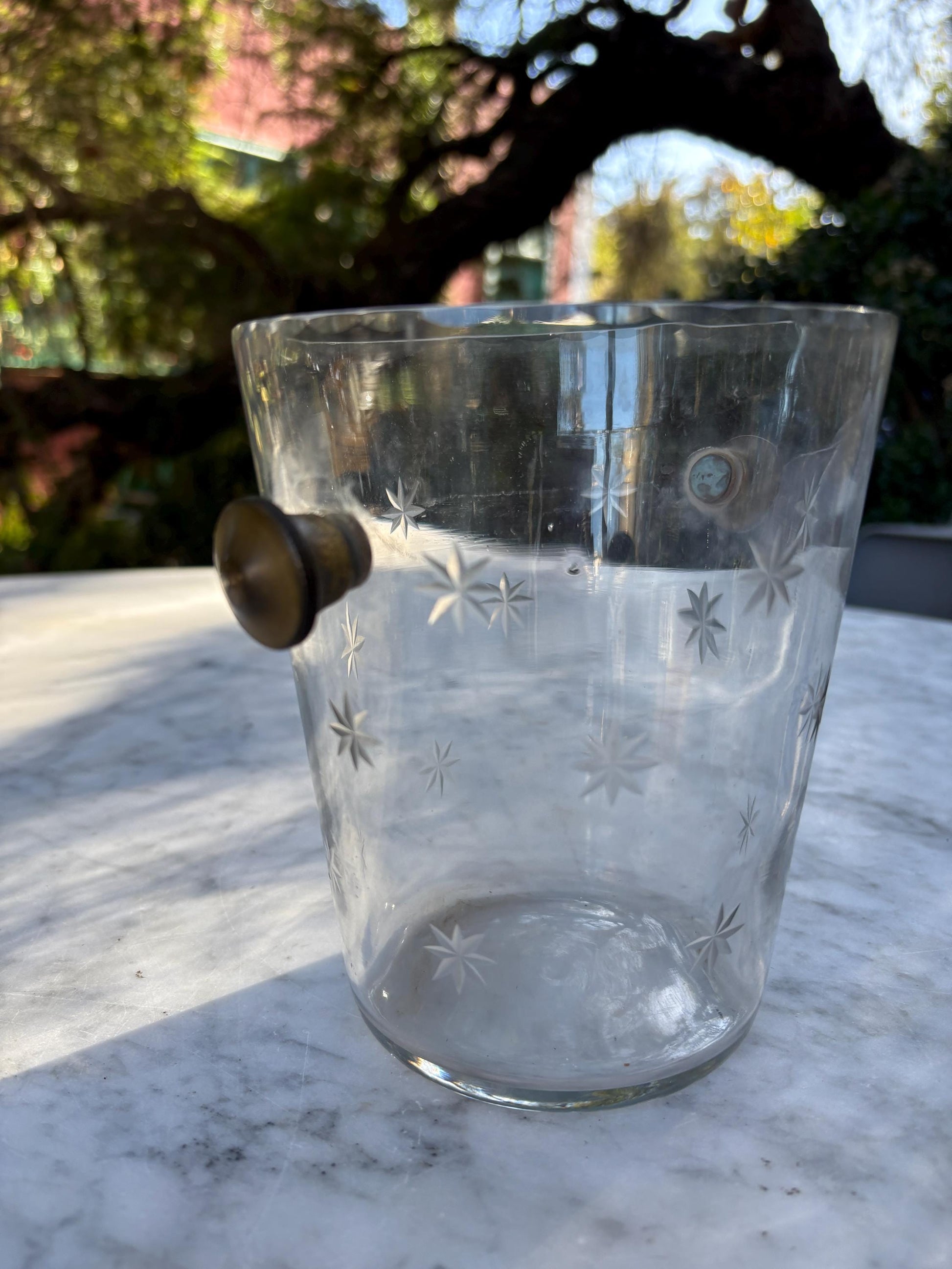 Vintage Glass Ice Bucket with Star Engraving, Mid Century Cocktail Ice Holder, Faceted Crystal Ice Pail with Side Handles, Barware Decor