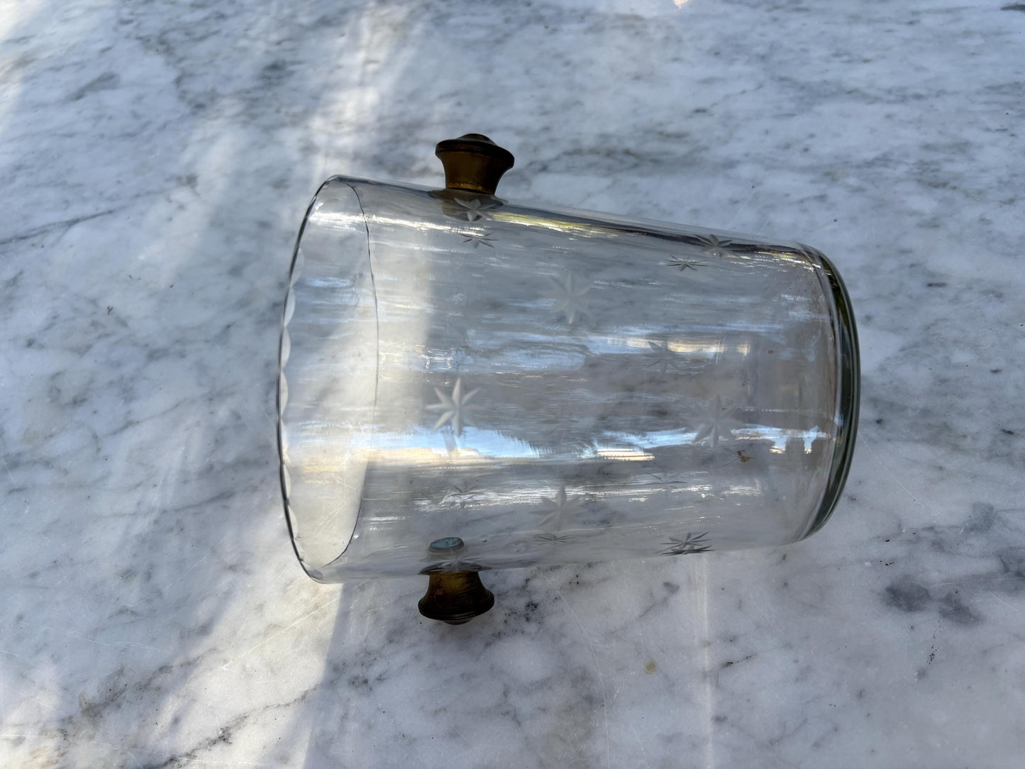 Vintage Glass Ice Bucket with Star Engraving, Mid Century Cocktail Ice Holder, Faceted Crystal Ice Pail with Side Handles, Barware Decor