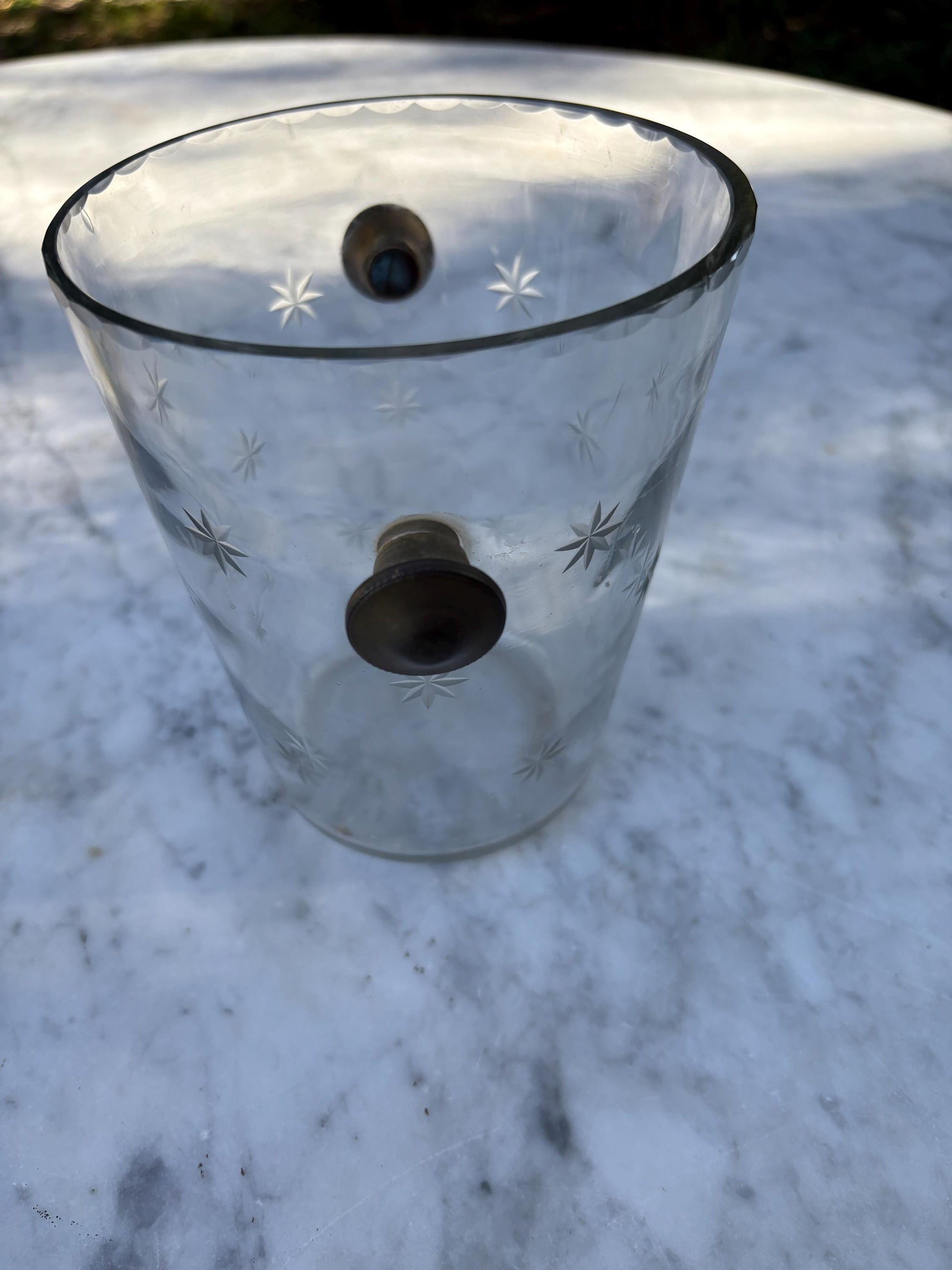 Vintage Glass Ice Bucket with Star Engraving, Mid Century Cocktail Ice Holder, Faceted Crystal Ice Pail with Side Handles, Barware Decor