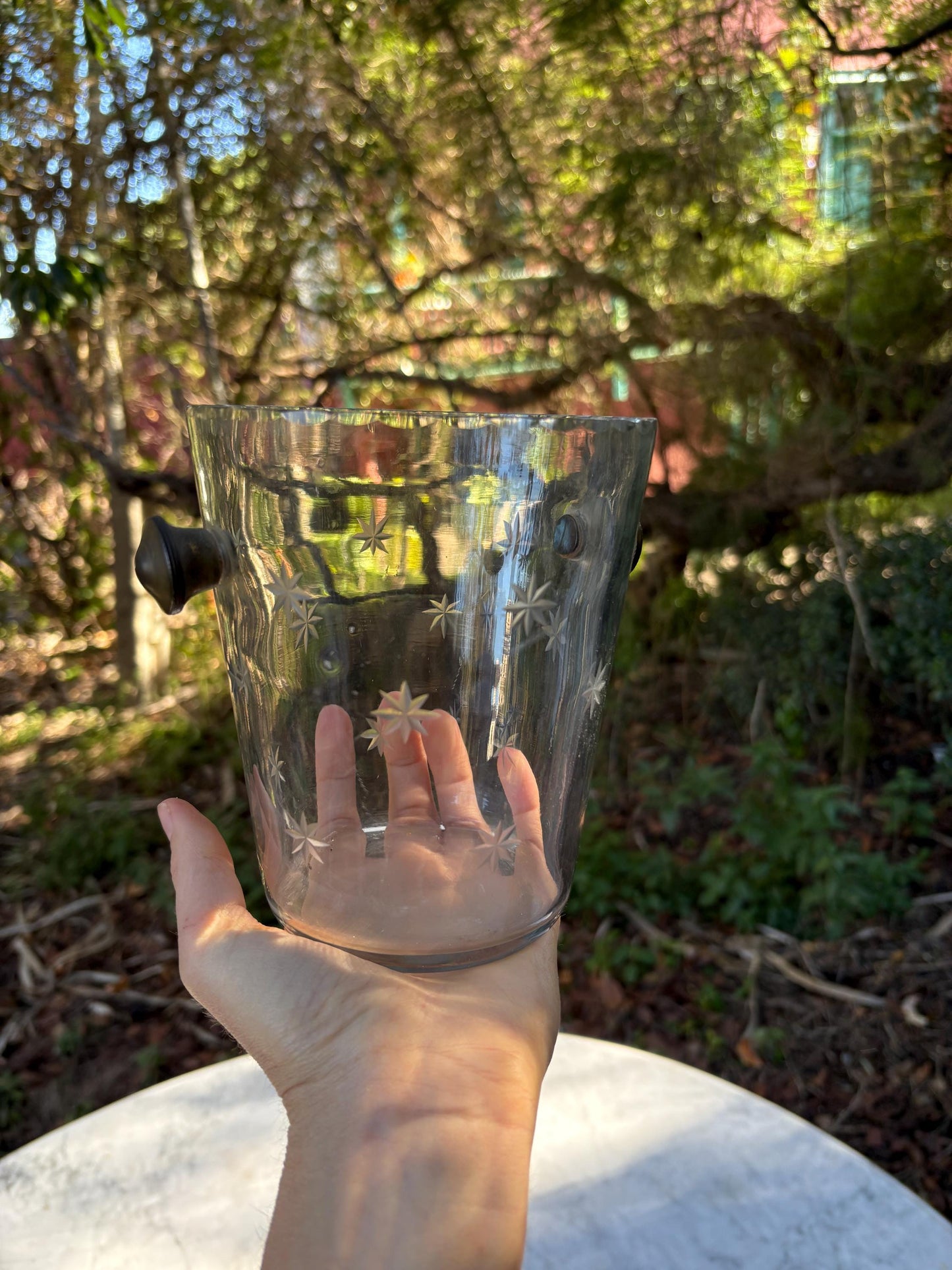 Vintage Glass Ice Bucket with Star Engraving, Mid Century Cocktail Ice Holder, Faceted Crystal Ice Pail with Side Handles, Barware Decor