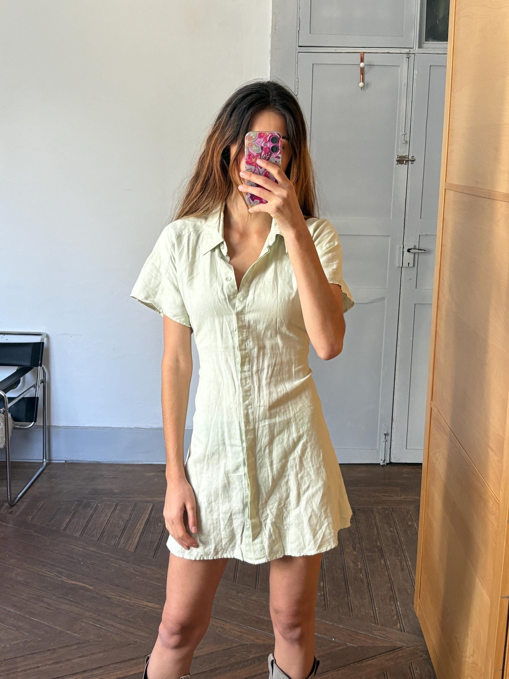 Vintage light green mini summer Dress, Soft Minimalist Style dress with mother of pearl buttons , Basic v neck collared shirt dress