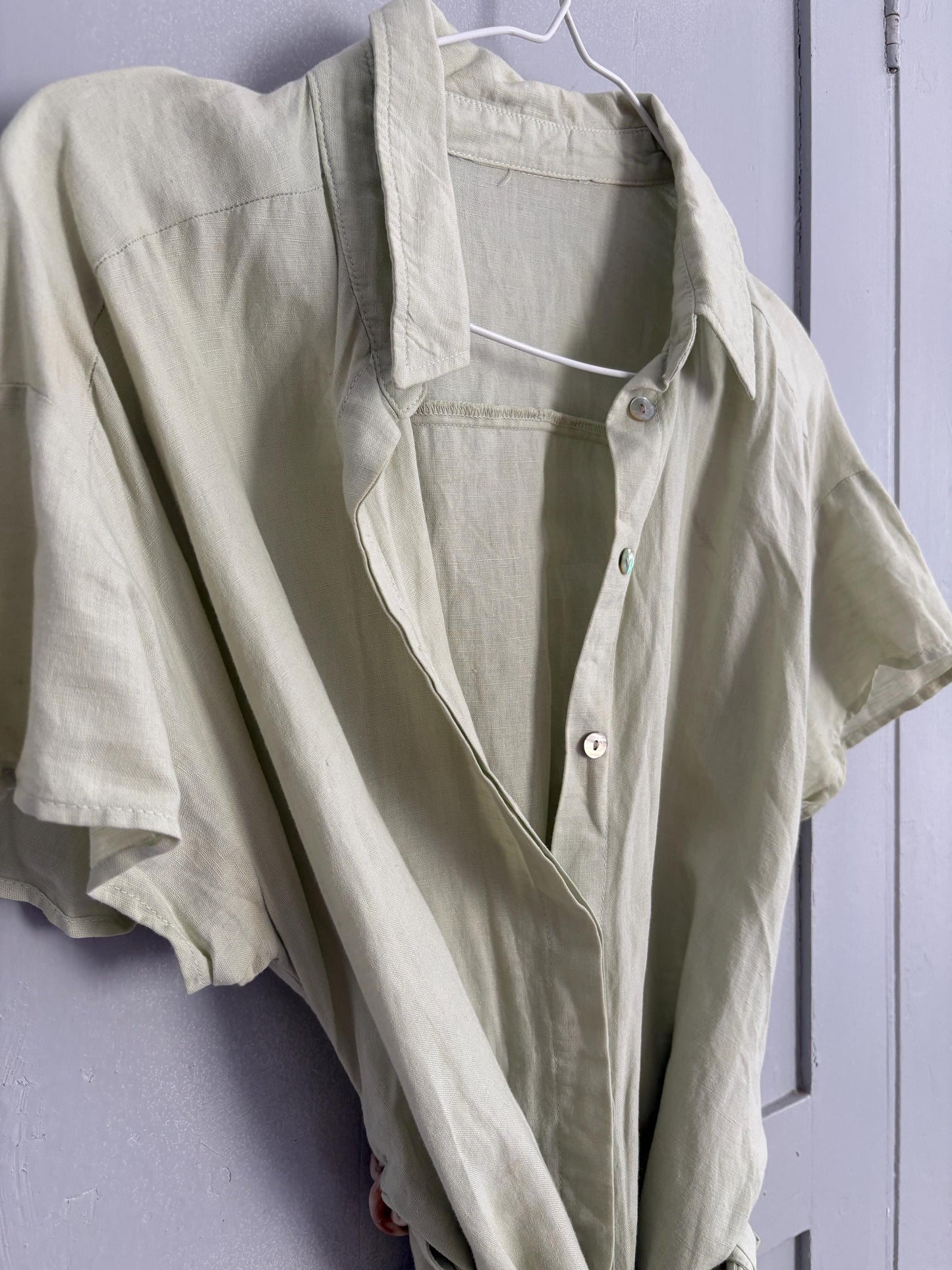 Vintage light green mini summer Dress, Soft Minimalist Style dress with mother of pearl buttons , Basic v neck collared shirt dress