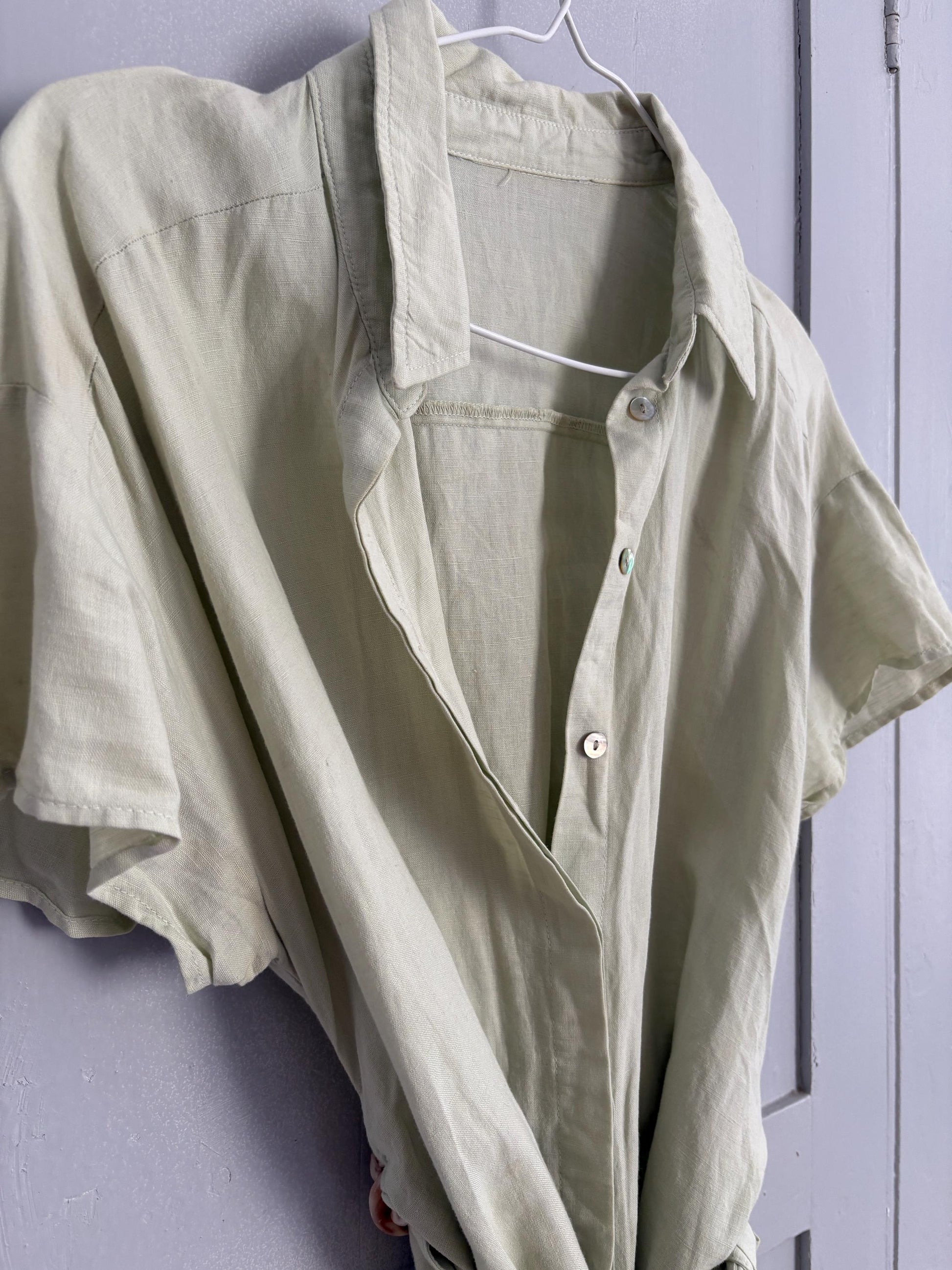 Light Green Minimalist Summer Shirt Dress | Mother of Pearl Buttons | Soft Natural Fabric | Size S–M