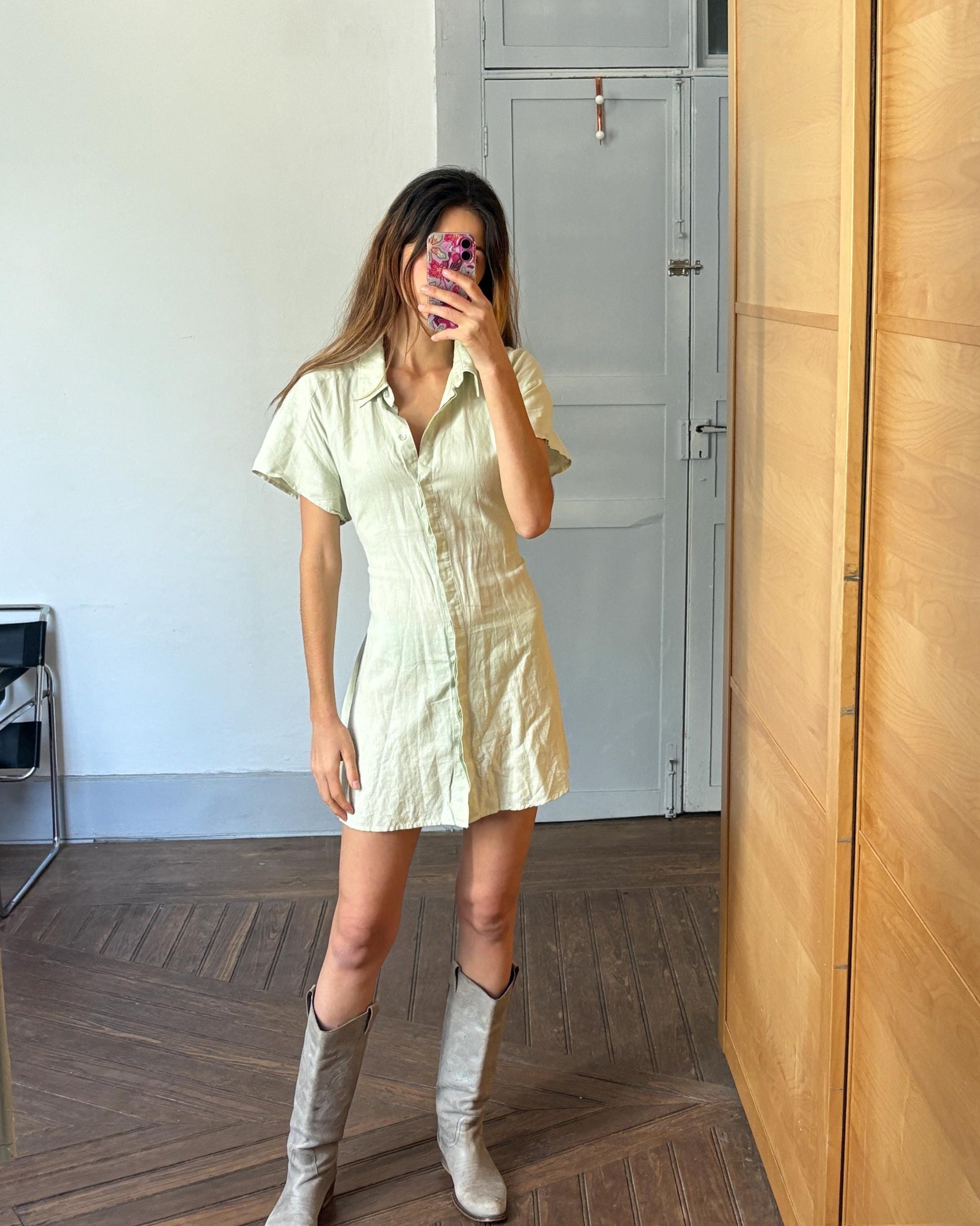 Vintage light green mini summer Dress, Soft Minimalist Style dress with mother of pearl buttons , Basic v neck collared shirt dress
