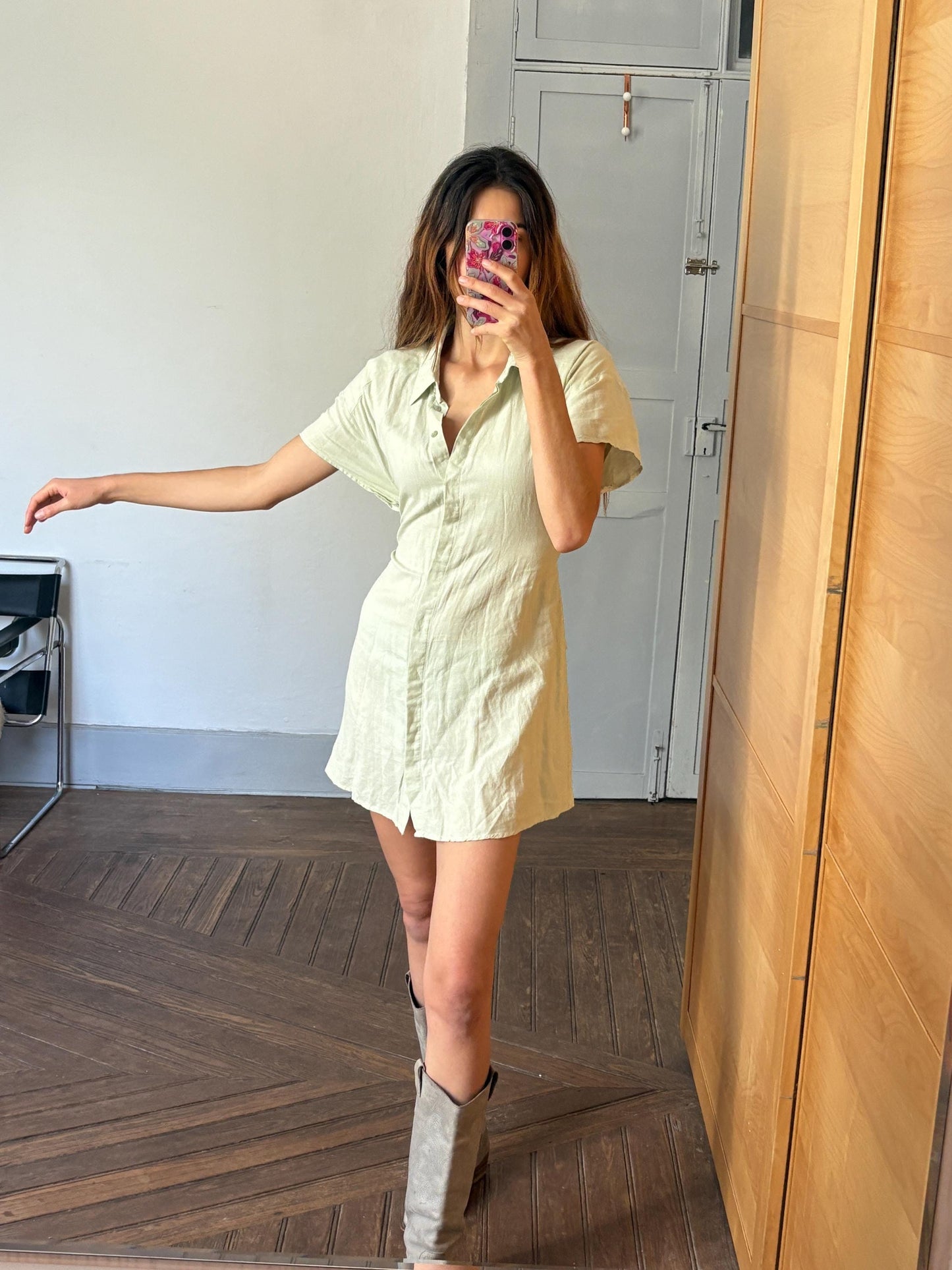 Vintage light green mini summer Dress, Soft Minimalist Style dress with mother of pearl buttons , Basic v neck collared shirt dress