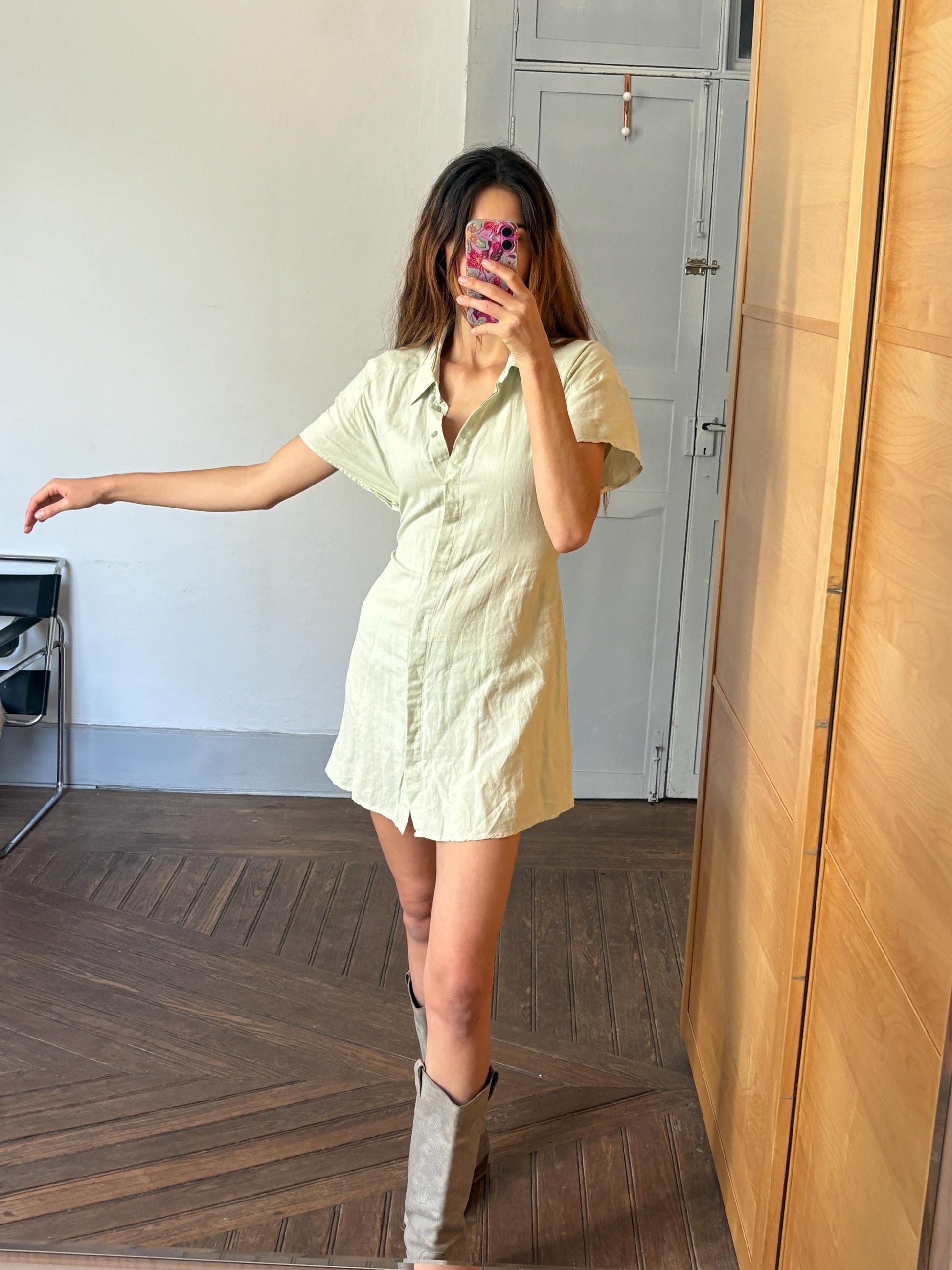 Vintage light green mini summer Dress, Soft Minimalist Style dress with mother of pearl buttons , Basic v neck collared shirt dress