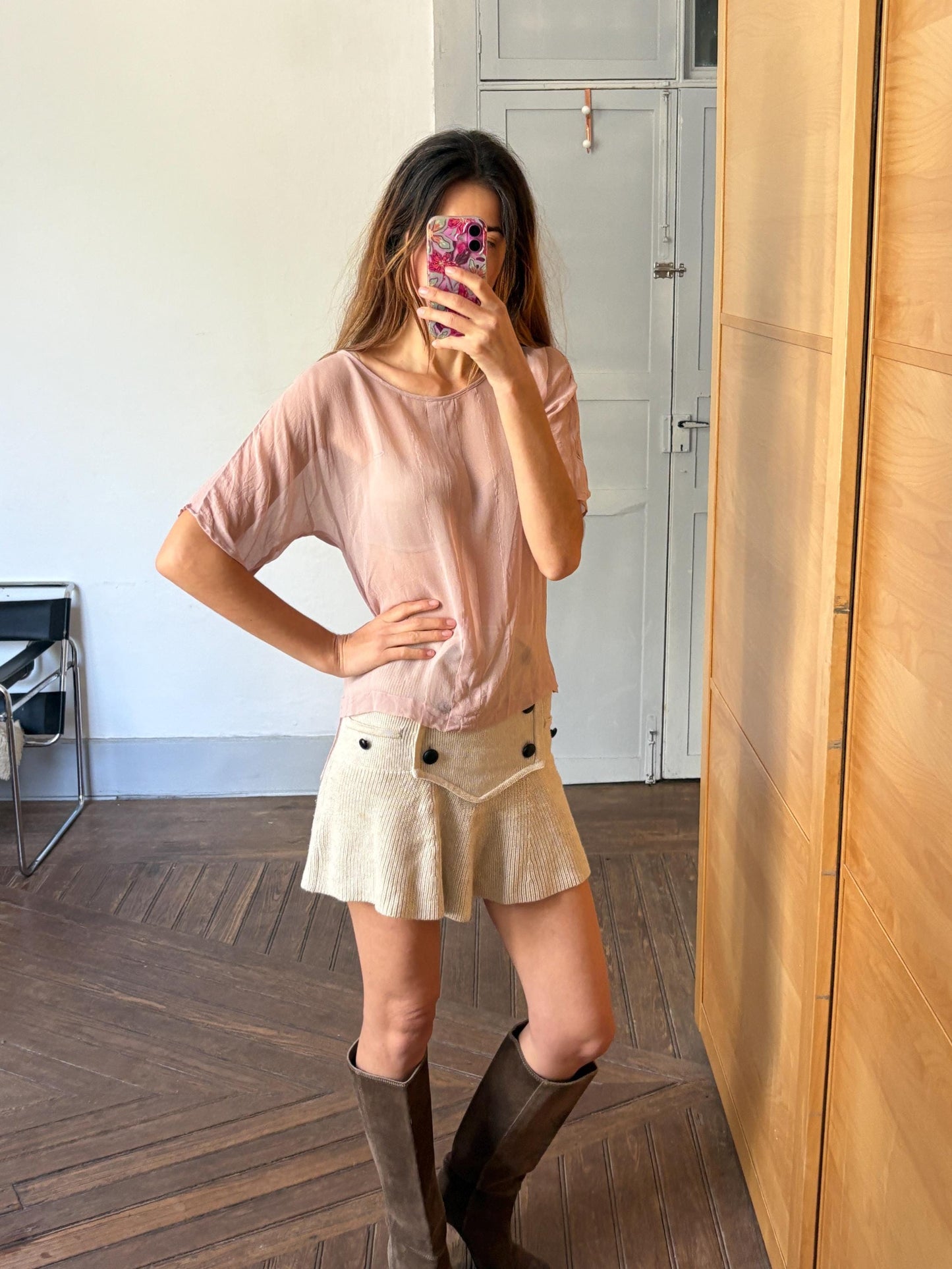 Vintage sheer powder pink woman shirt, Sexy see through camisole, Neutral natural colour t-shirt