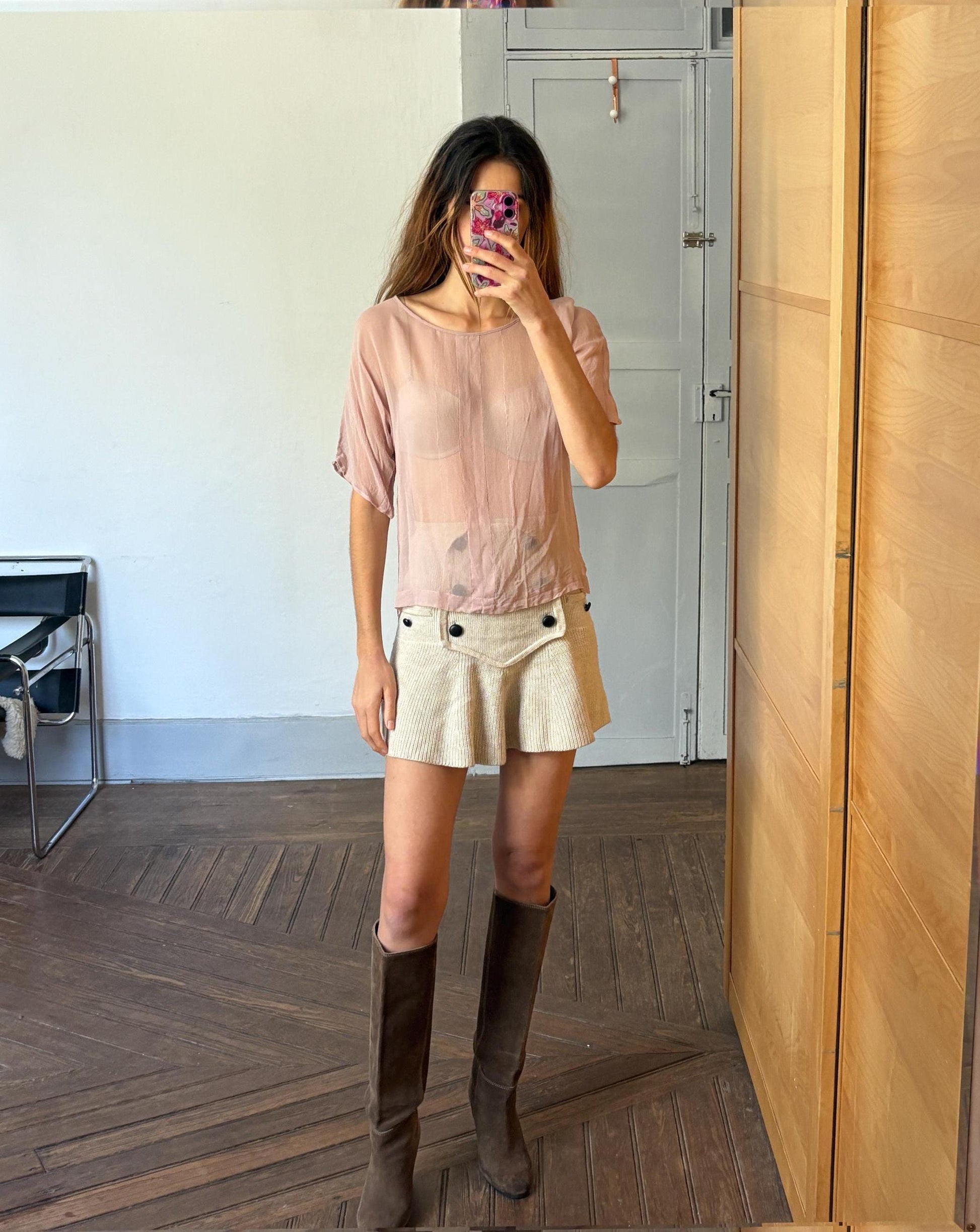 Vintage sheer powder pink woman shirt, Sexy see through camisole, Neutral natural colour t-shirt