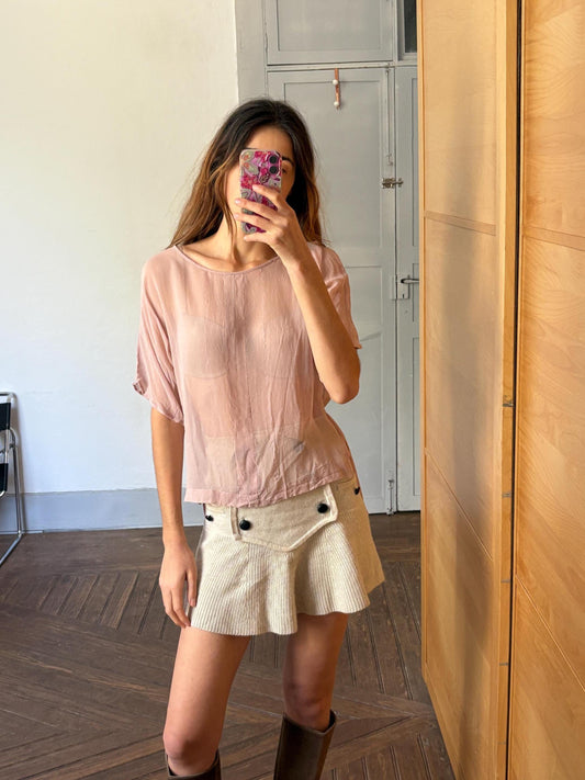 Vintage sheer powder pink woman shirt, Sexy see through camisole, Neutral natural colour t-shirt