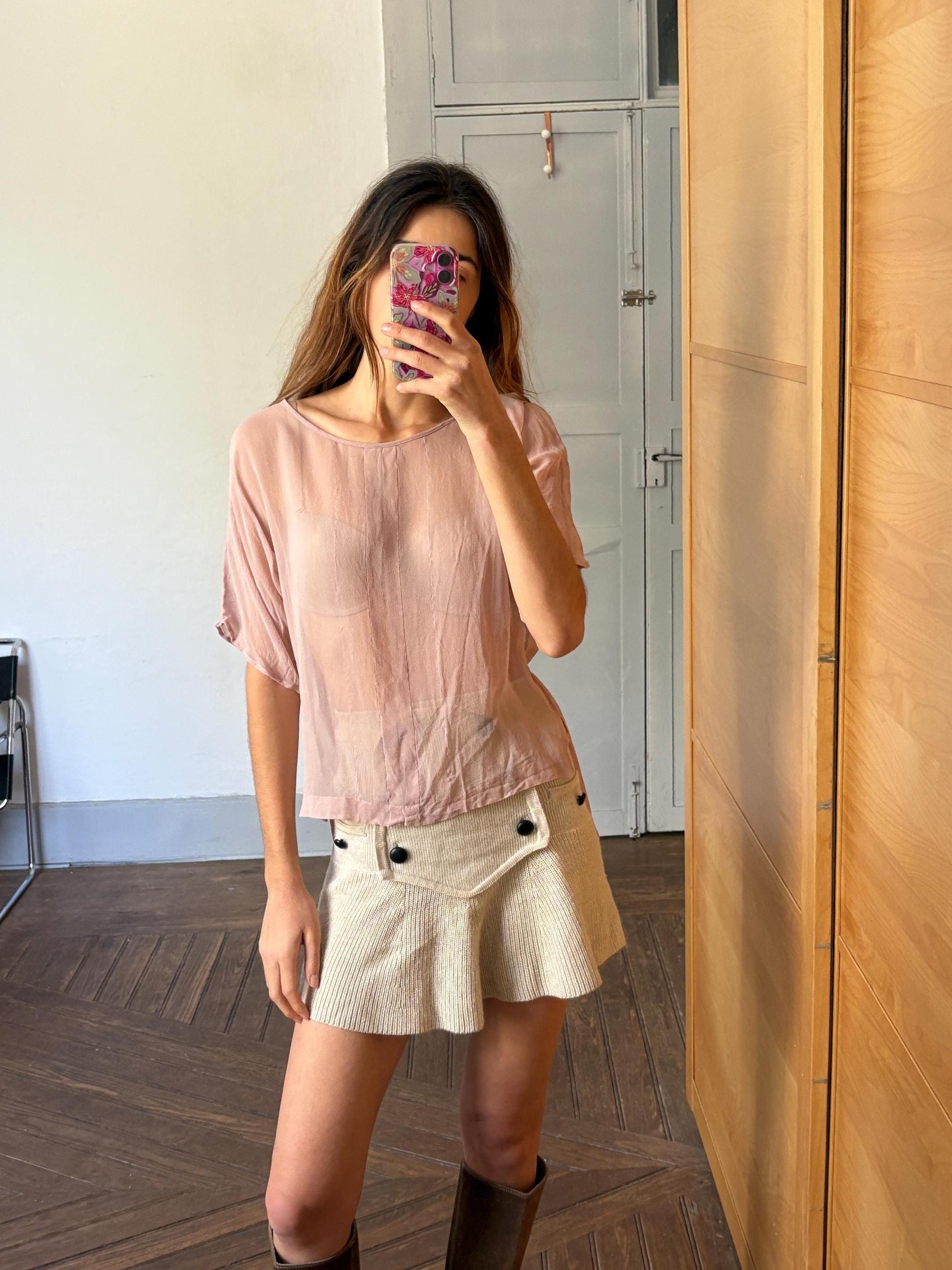 Vintage sheer powder pink woman shirt, Sexy see through camisole, Neutral natural colour t-shirt