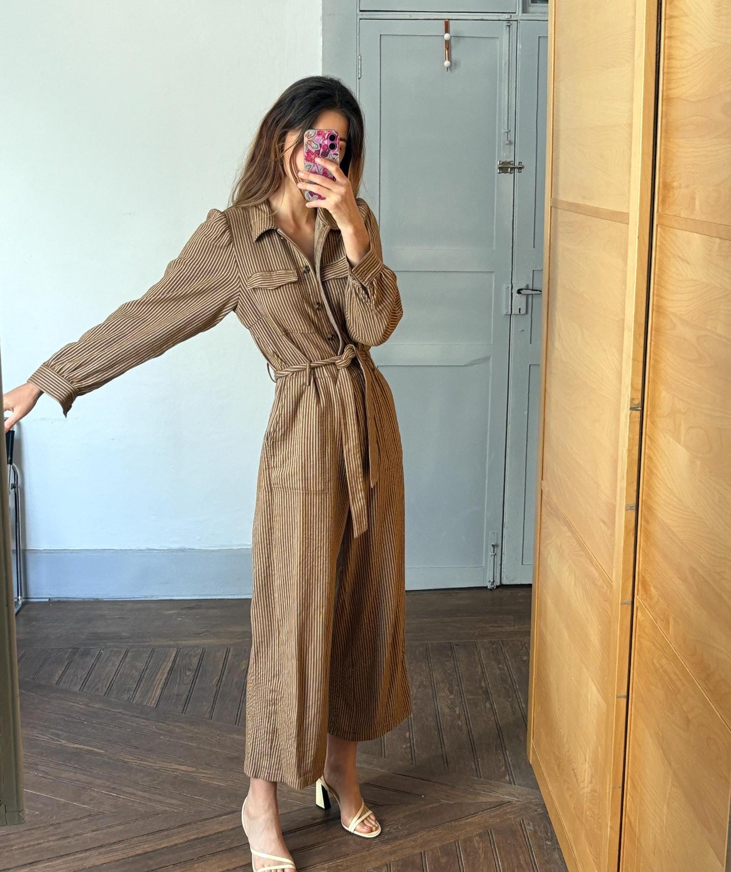 Vintage brown and white striped jumpsuit, Retro long pants work wear, Feminine strap waistline playsuit, Natural earthy woman wear