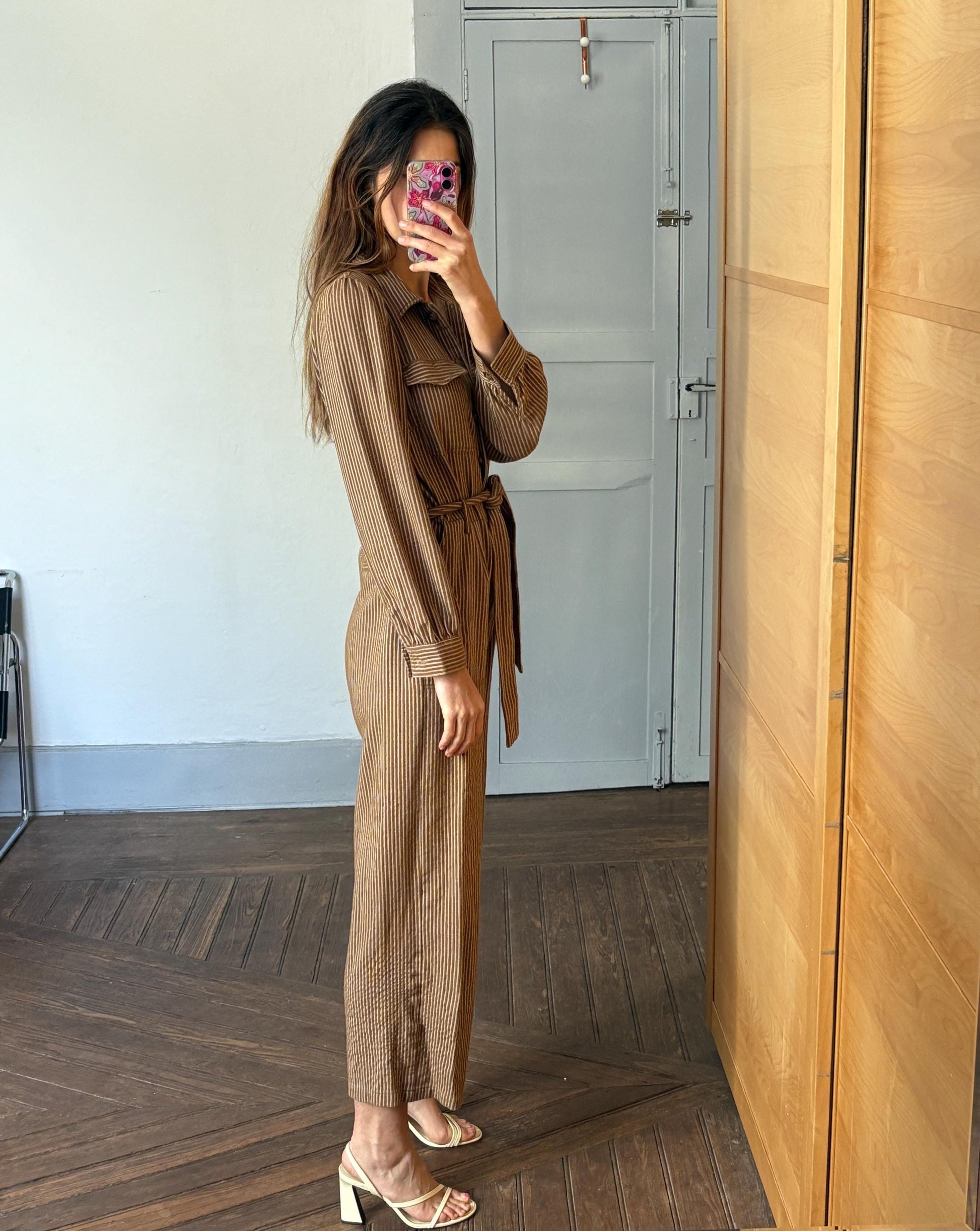 Vintage brown and white striped jumpsuit, Retro long pants work wear, Feminine strap waistline playsuit, Natural earthy woman wear