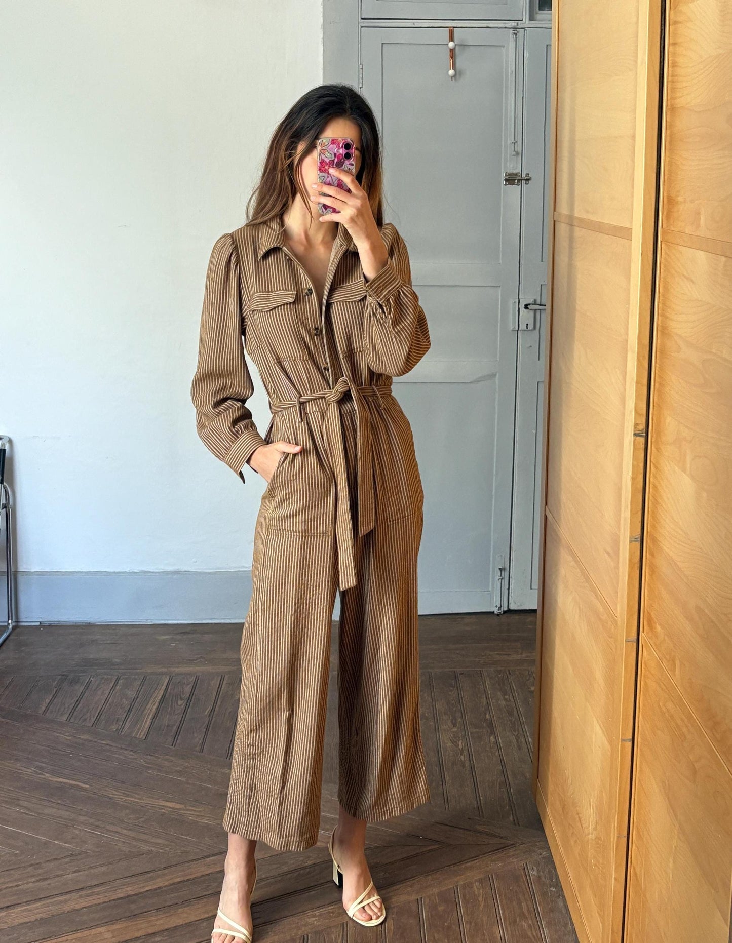 Vintage brown and white striped jumpsuit, Retro long pants work wear, Feminine strap waistline playsuit, Natural earthy woman wear