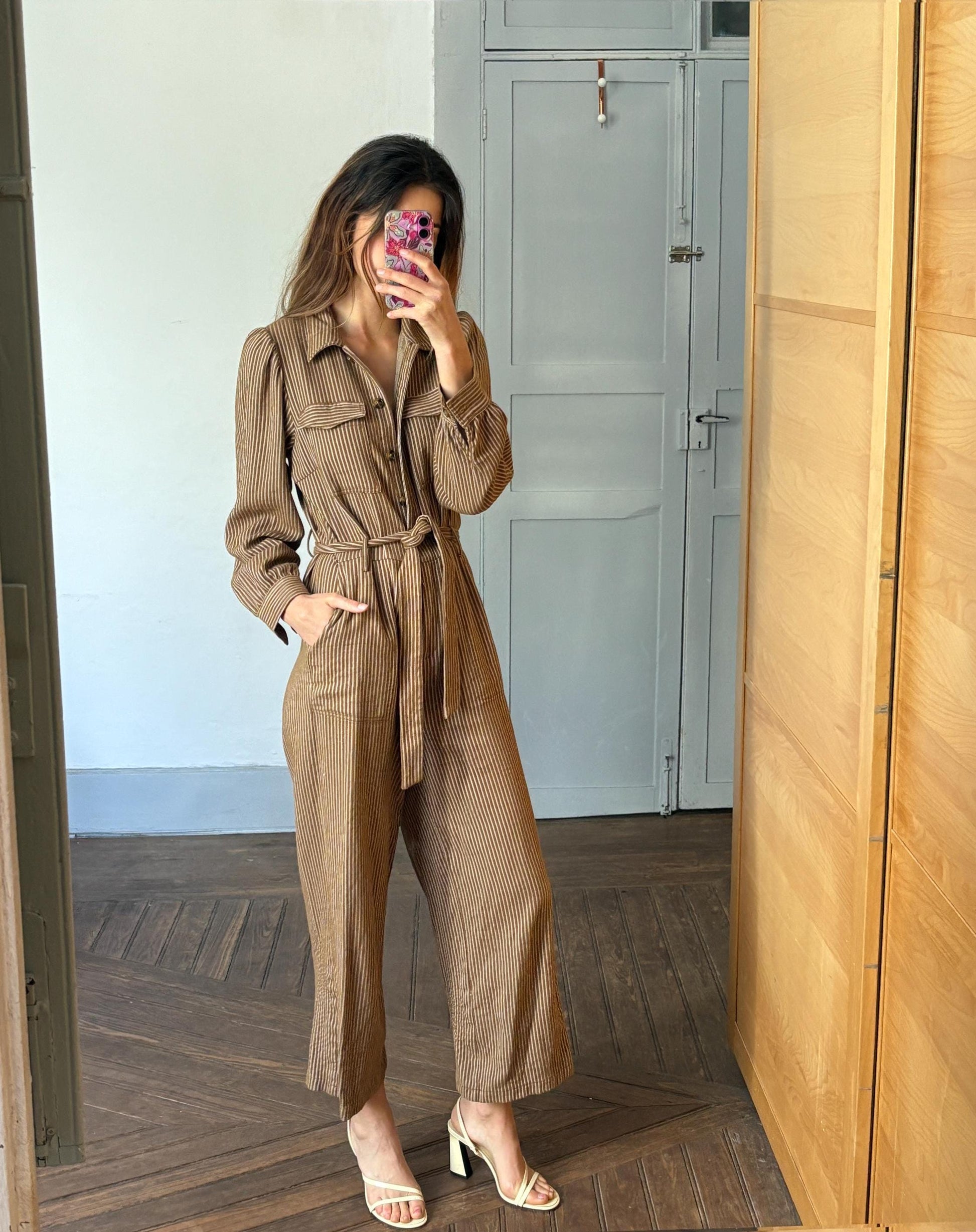 Vintage brown and white striped jumpsuit, Retro long pants work wear, Feminine strap waistline playsuit, Natural earthy woman wear