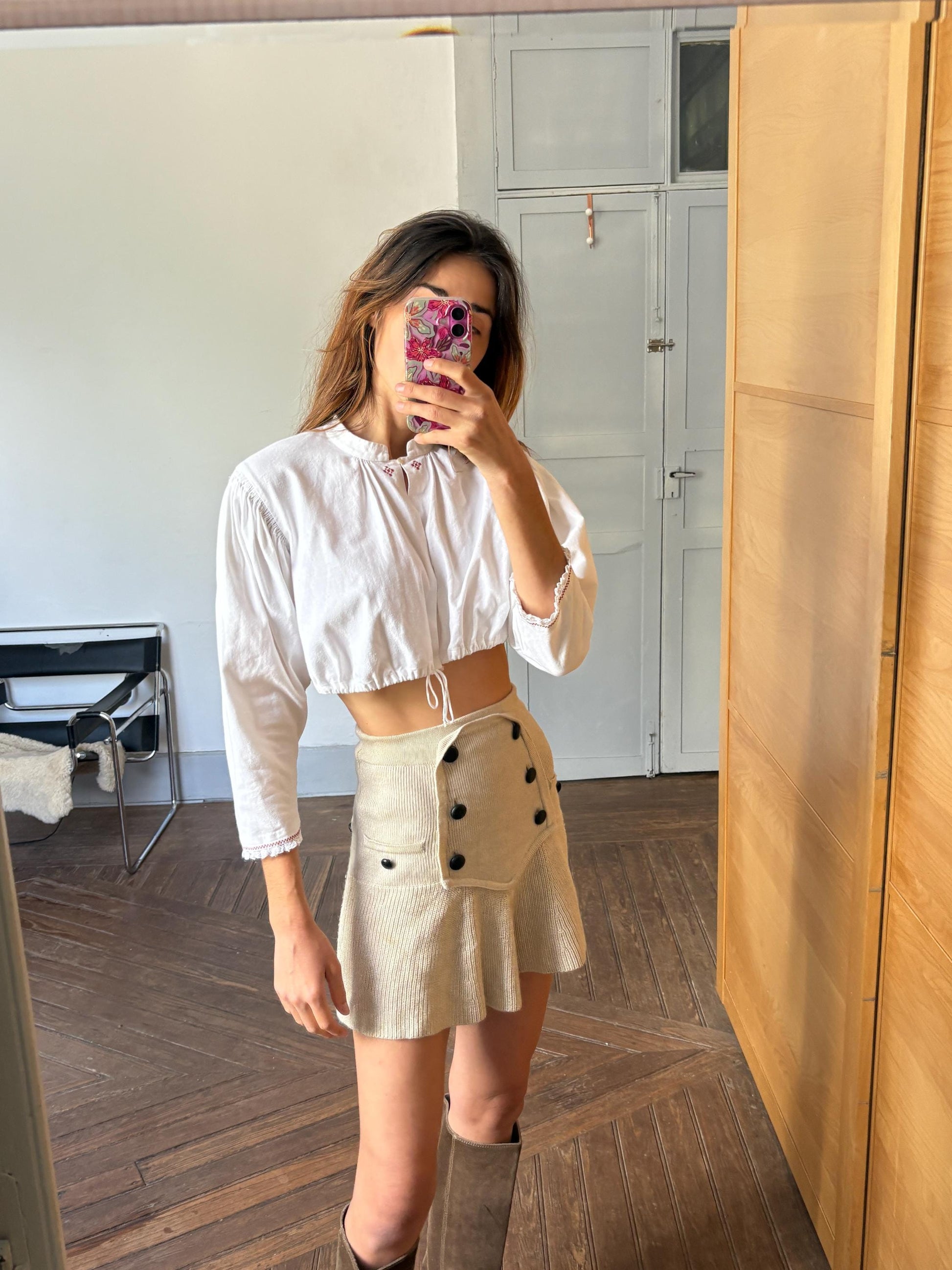 Vintage white romantic crop antique French top, Farm core folklore white puff sleeve dirndl top, Woven cotton cottage core blouse, Size S