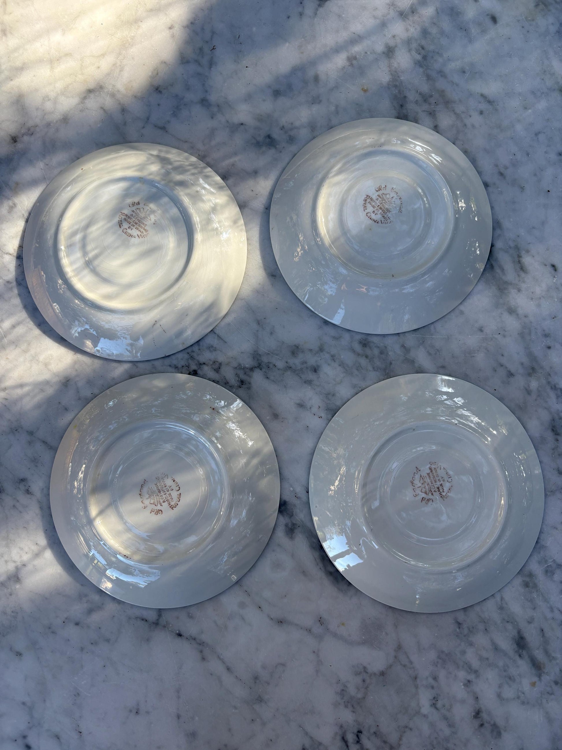 Set of 4 vintage hand engraved Old England saucers, Royal China Vigo small plates, Vintage Spanish brown and white small plates