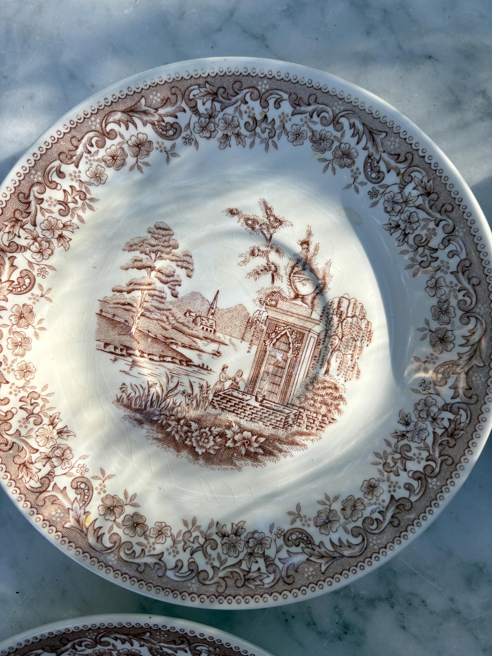 Set of 4 vintage hand engraved Old England saucers, Royal China Vigo small plates, Vintage Spanish brown and white small plates