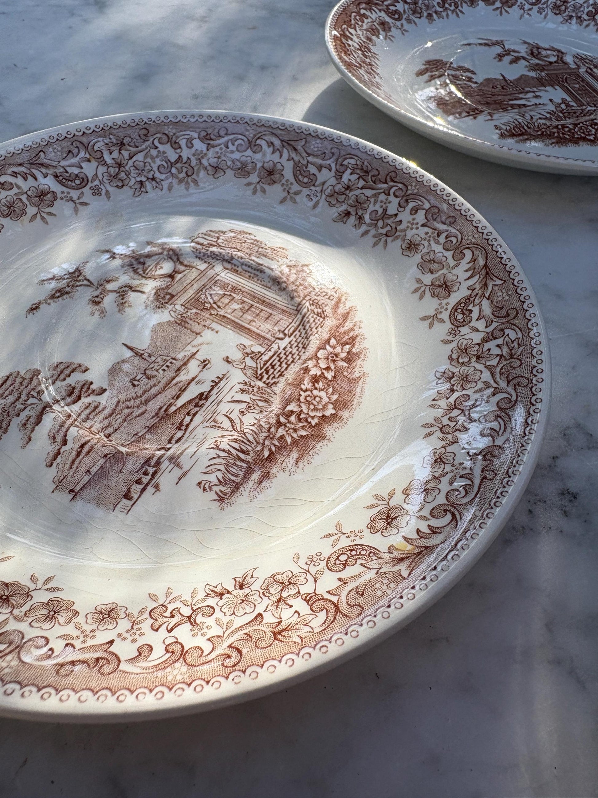 Set of 4 vintage hand engraved Old England saucers, Royal China Vigo small plates, Vintage Spanish brown and white small plates