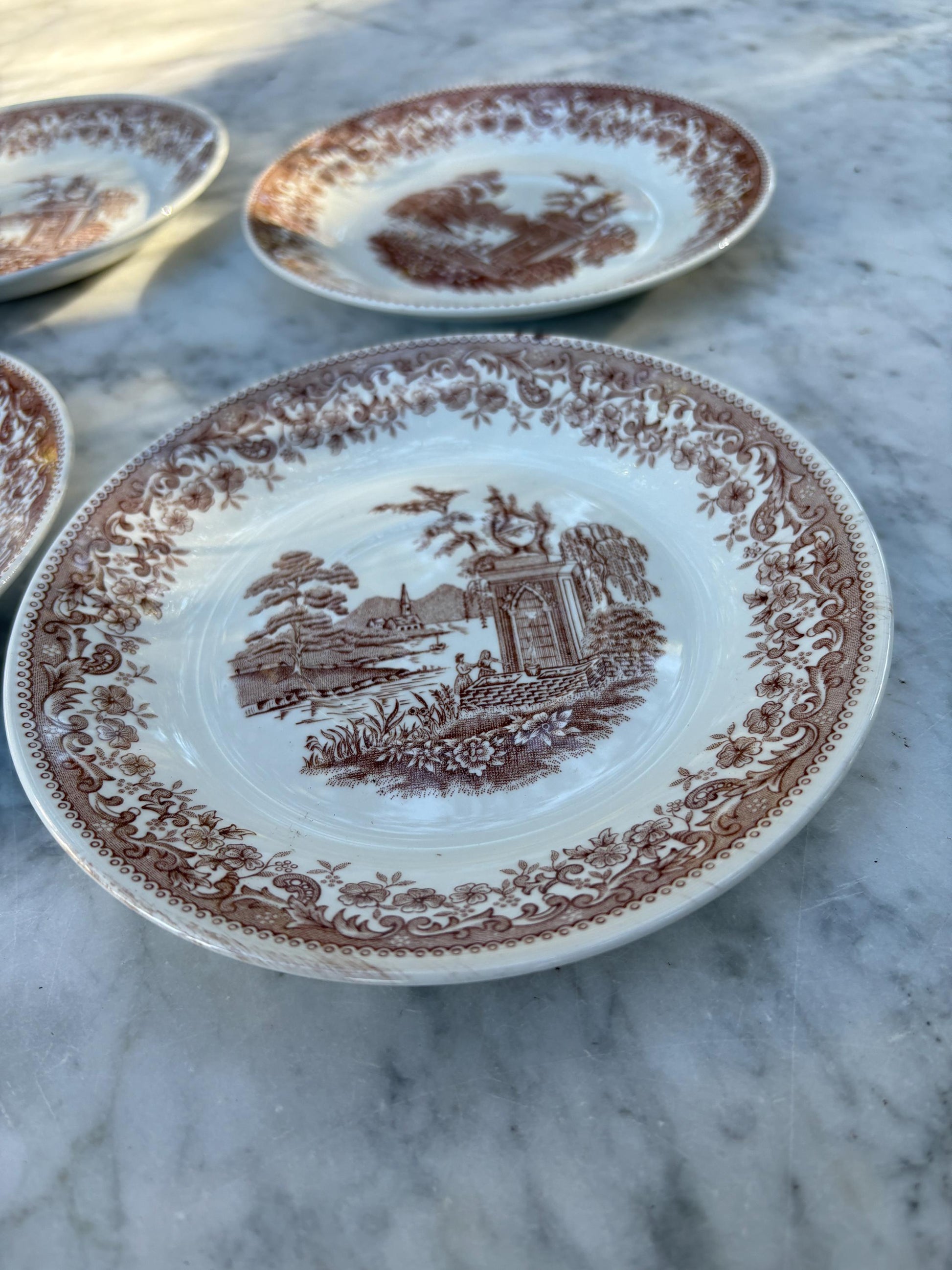 Set of 4 vintage hand engraved Old England saucers, Royal China Vigo small plates, Vintage Spanish brown and white small plates