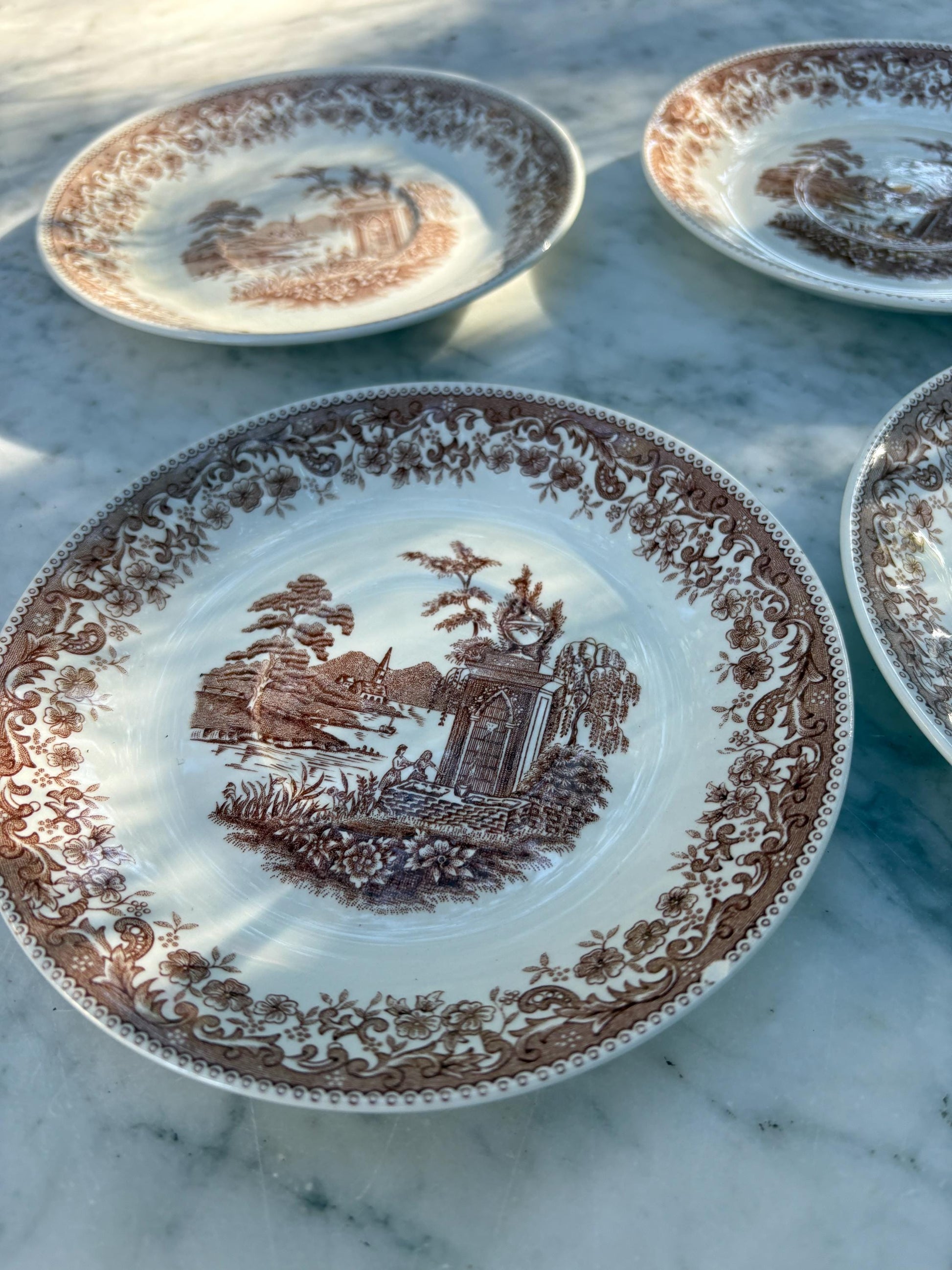 Set of 4 vintage hand engraved Old England saucers, Royal China Vigo small plates, Vintage Spanish brown and white small plates