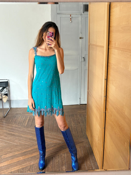 Vintage turquoise Indian sequin mini dress or tunic – sparkly Y2K party dress with side slits and embellished hem, size S