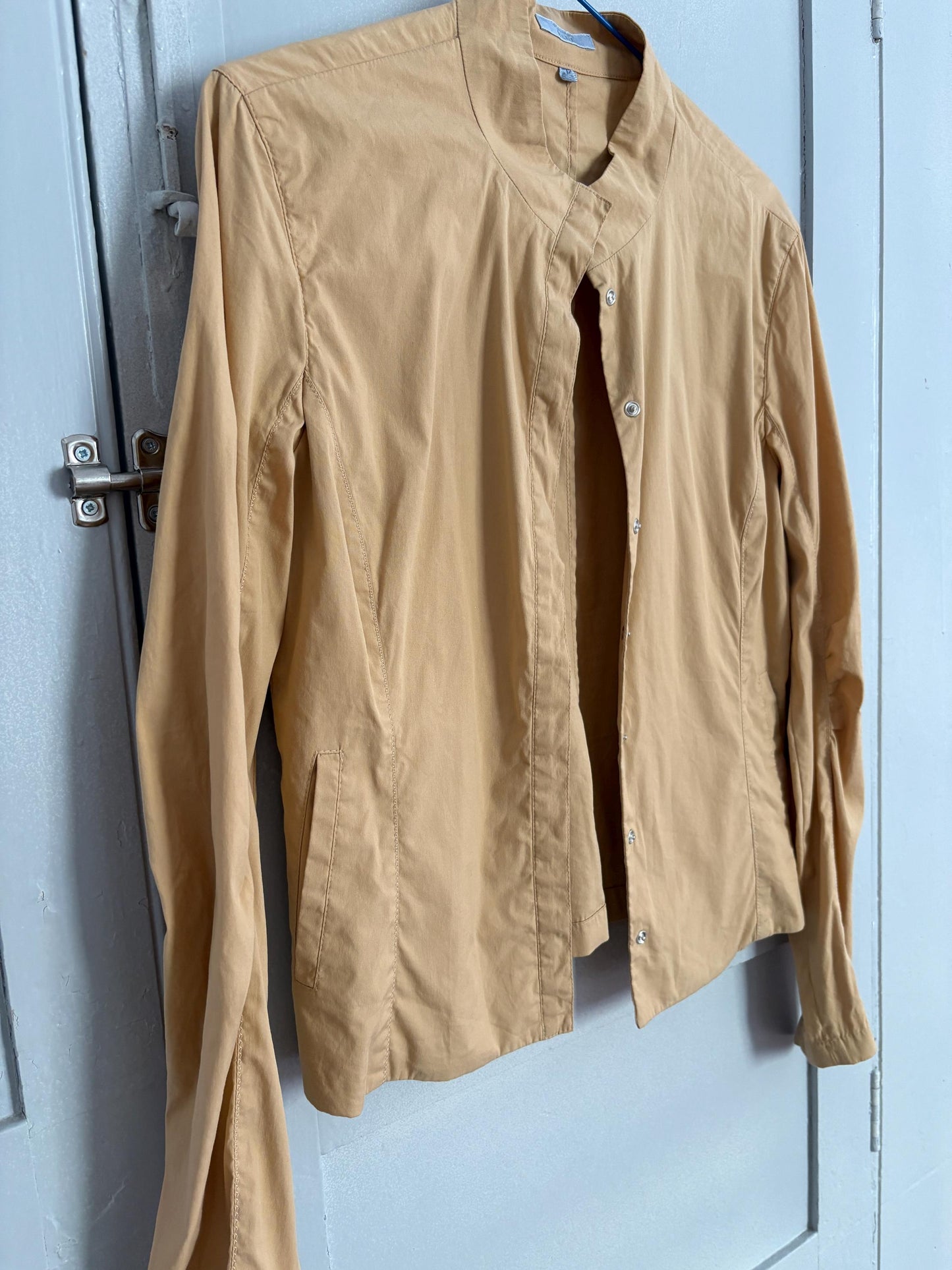 Vintage Strenesse blue beige modern fit woman shirt, minimalist button up shirt, mock neck long sleeve shirt, S