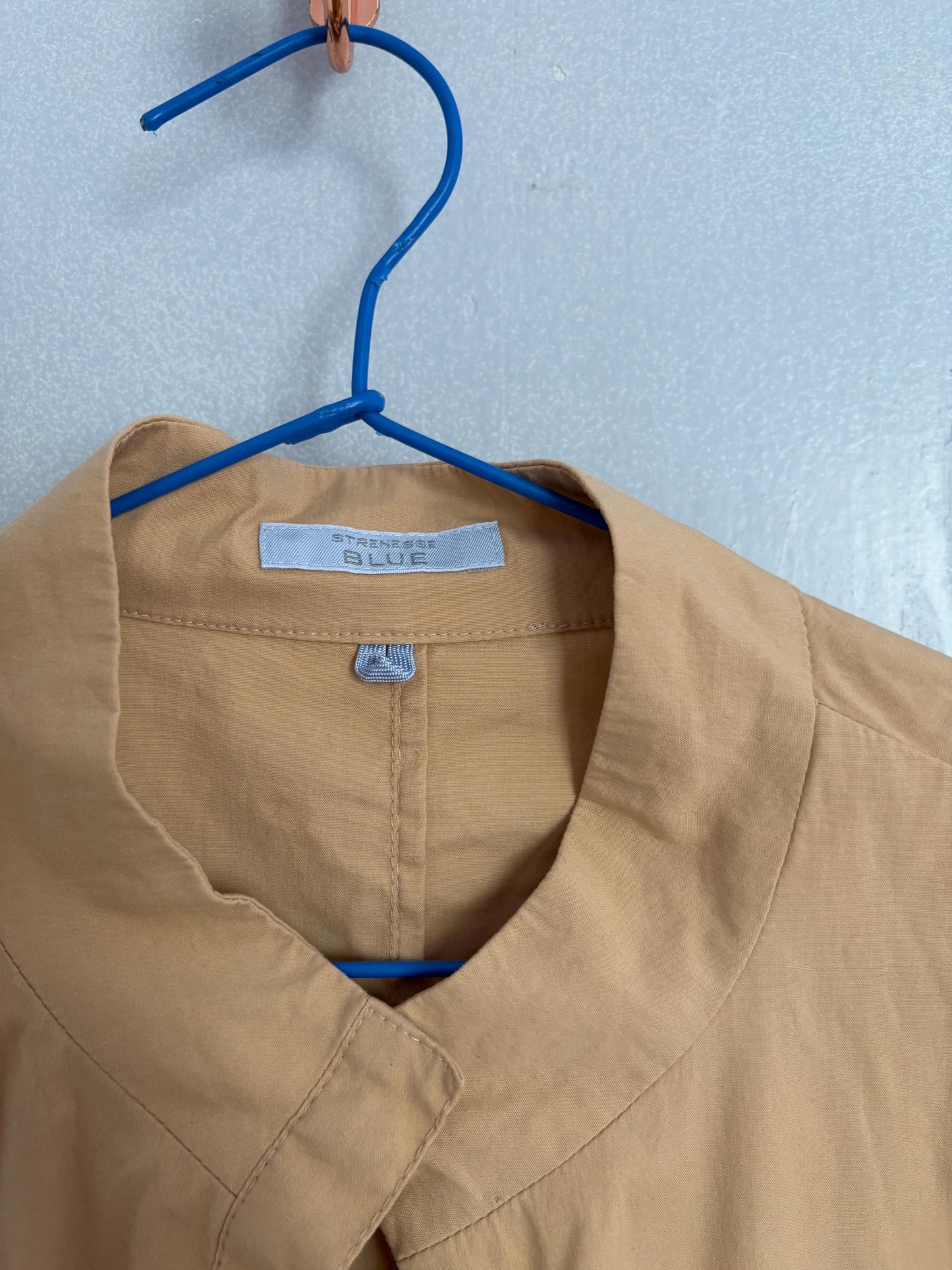 Vintage Strenesse blue beige modern fit woman shirt, minimalist button up shirt, mock neck long sleeve shirt, S