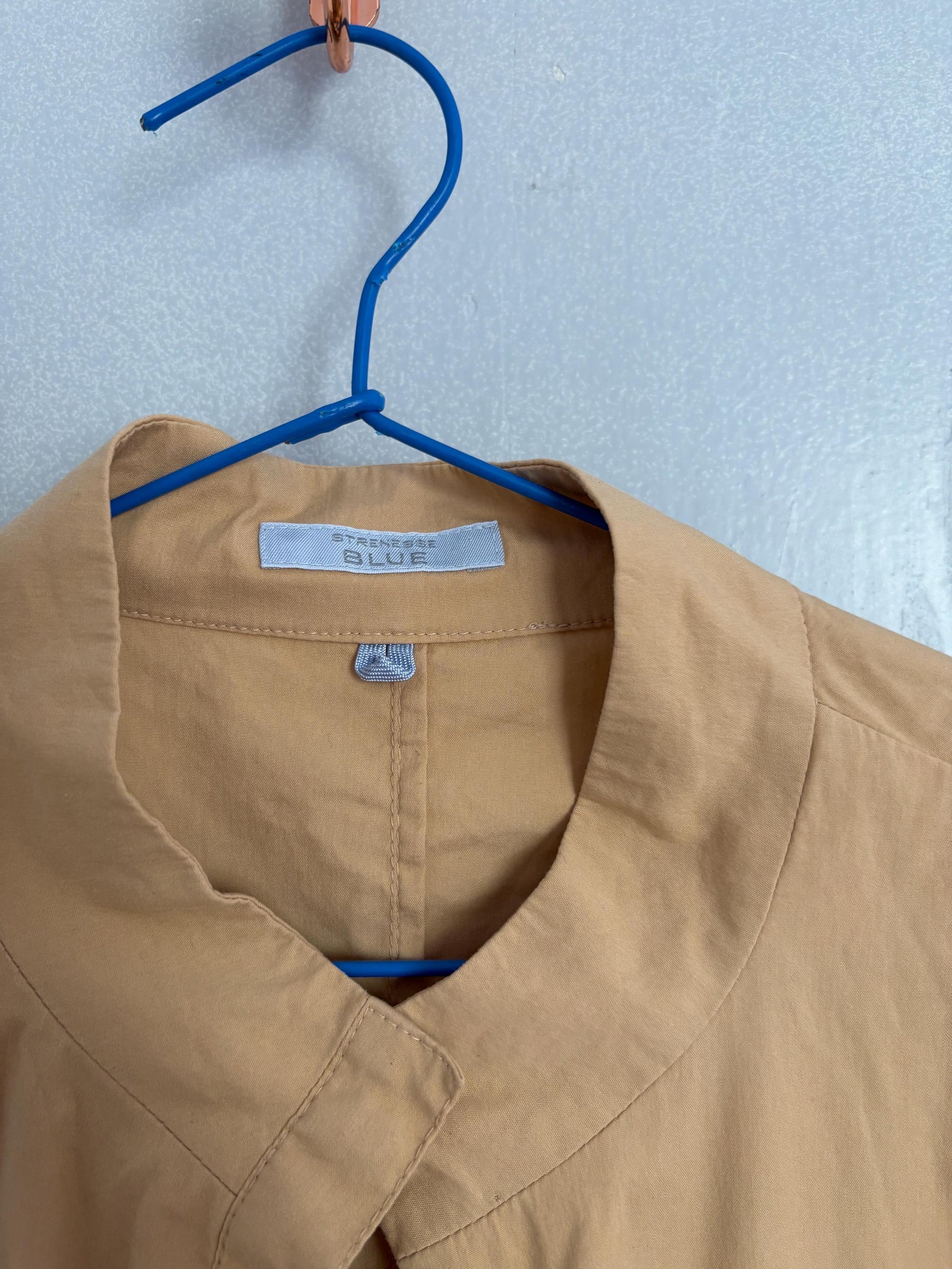 Vintage Strenesse blue beige modern fit woman shirt, minimalist button up shirt, mock neck long sleeve shirt, S