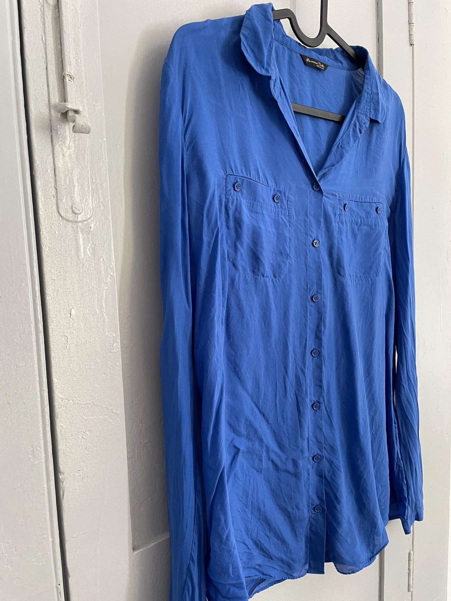 Vintage 100 % mulberry silk vibrant cobalt blue woman blouse, Massimo Dutti long sleeve feminine shirt, Size M