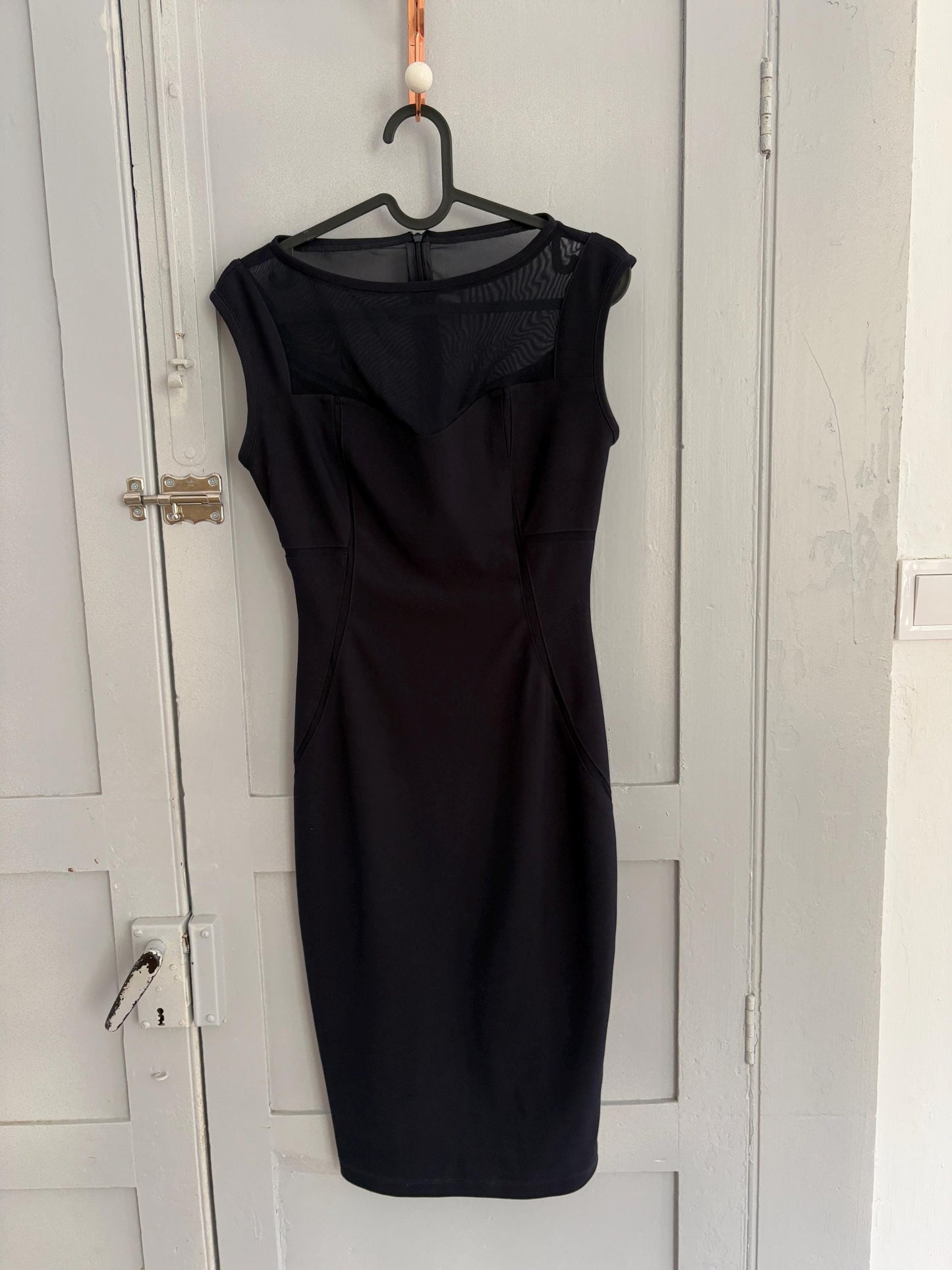 Vinte dark blue ADOLFO DOMINGUEZ pencil dress, Luxury designer tight dress with sheer neckline, XS