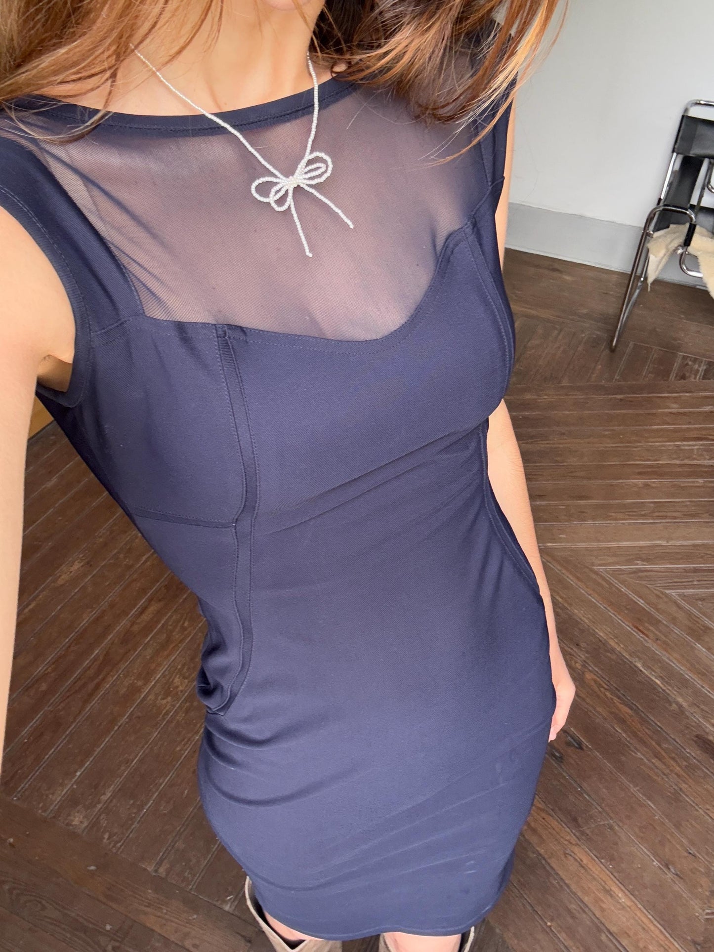 Vinte dark blue ADOLFO DOMINGUEZ pencil dress, Luxury designer tight dress with sheer neckline, XS