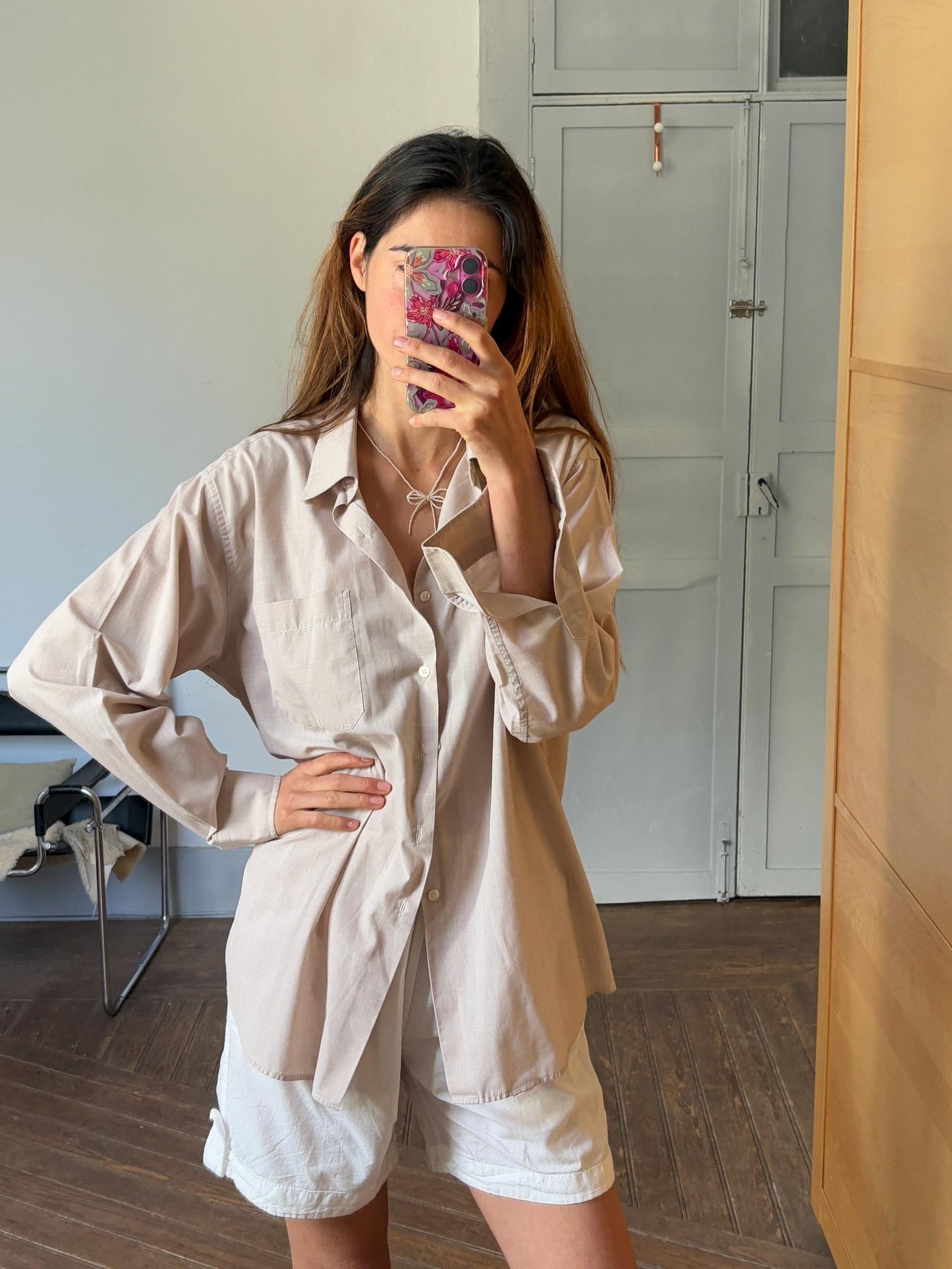Vintage beige boyfriend oxford shirt, Luxury true vintage earthy oatmeal crisp oversized button down blouse, Scandinavian style, XXL