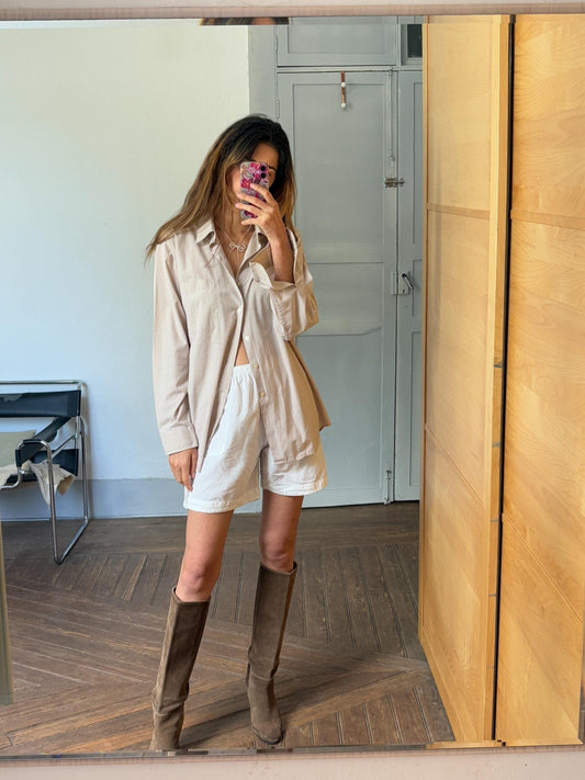 Vintage beige boyfriend oxford shirt, Luxury true vintage earthy oatmeal crisp oversized button down blouse, Scandinavian style, XXL