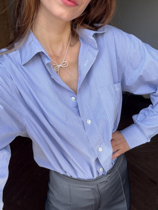 Vintage blue and white striped boyfriend oxford shirt, Luxury true vintage crisp oversized button down blouse, Scandinavian style, XXXL